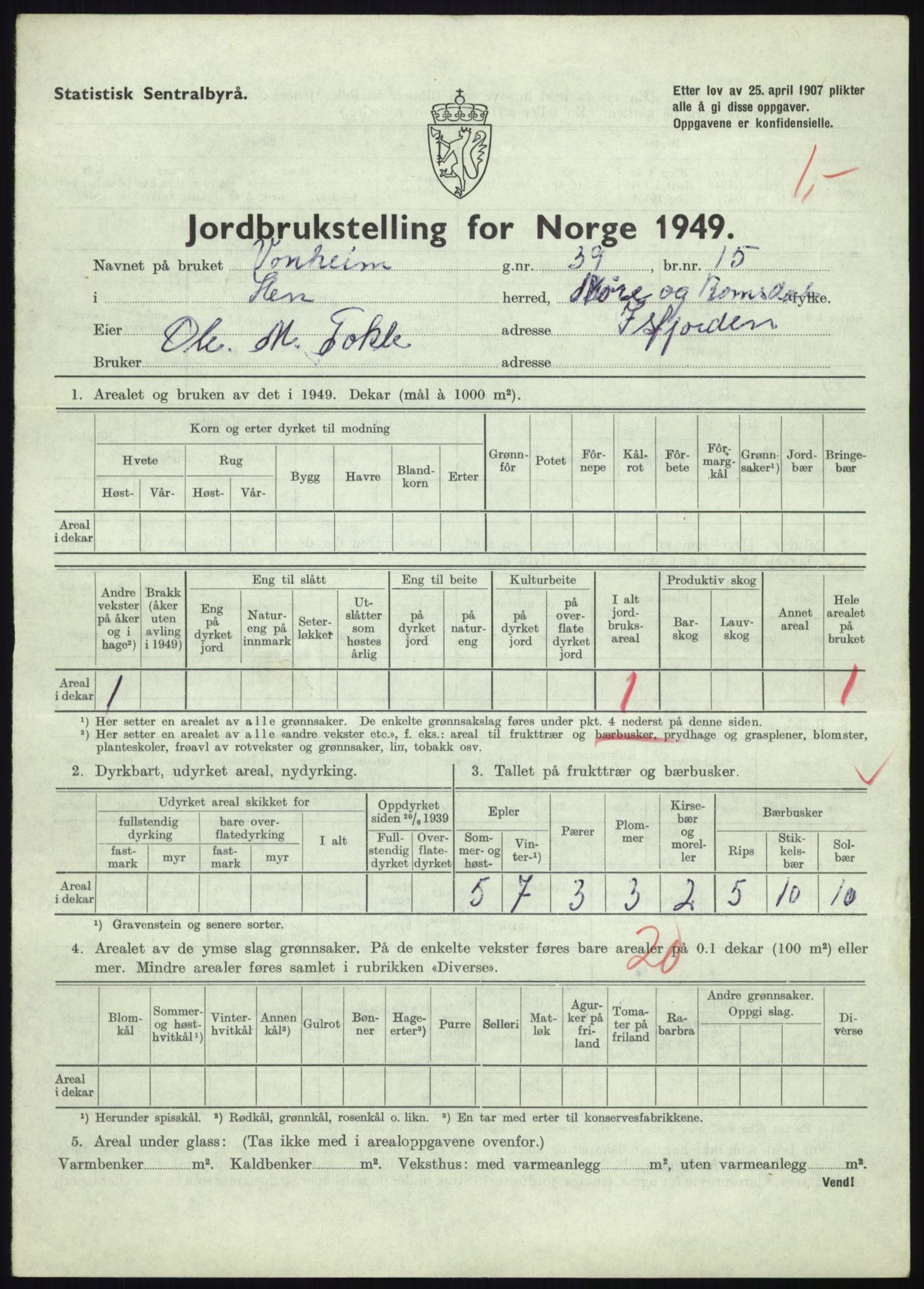 Statistisk sentralbyrå, Næringsøkonomiske emner, Jordbruk, skogbruk, jakt, fiske og fangst, AV/RA-S-2234/G/Gc/L0323: Møre og Romsdal: Grytten og Hen, 1949, p. 389