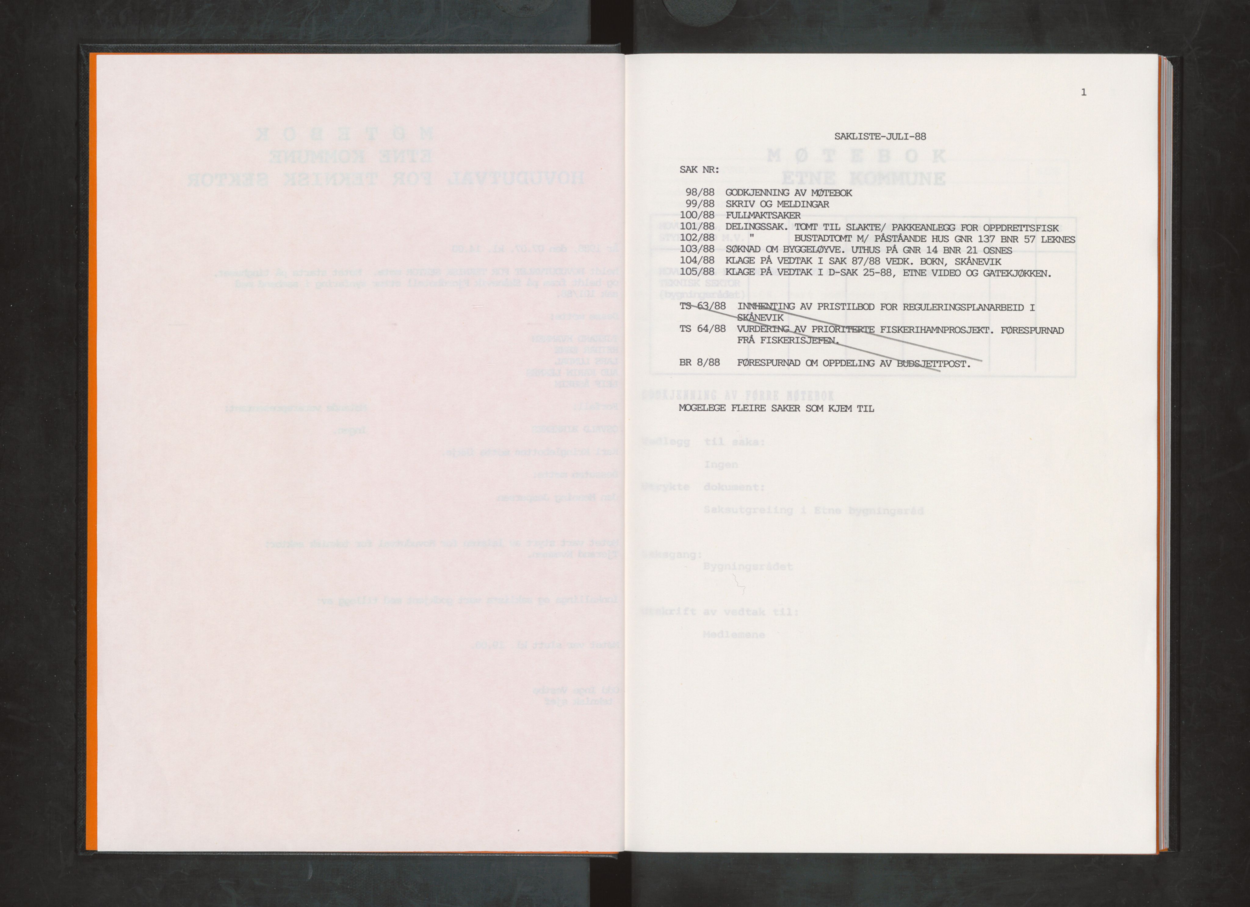 Etne kommune. Bygningsrådet, IKAH/1211-511/A/Aa/L0040: Møtebok Etne bygningsråd II, 1988