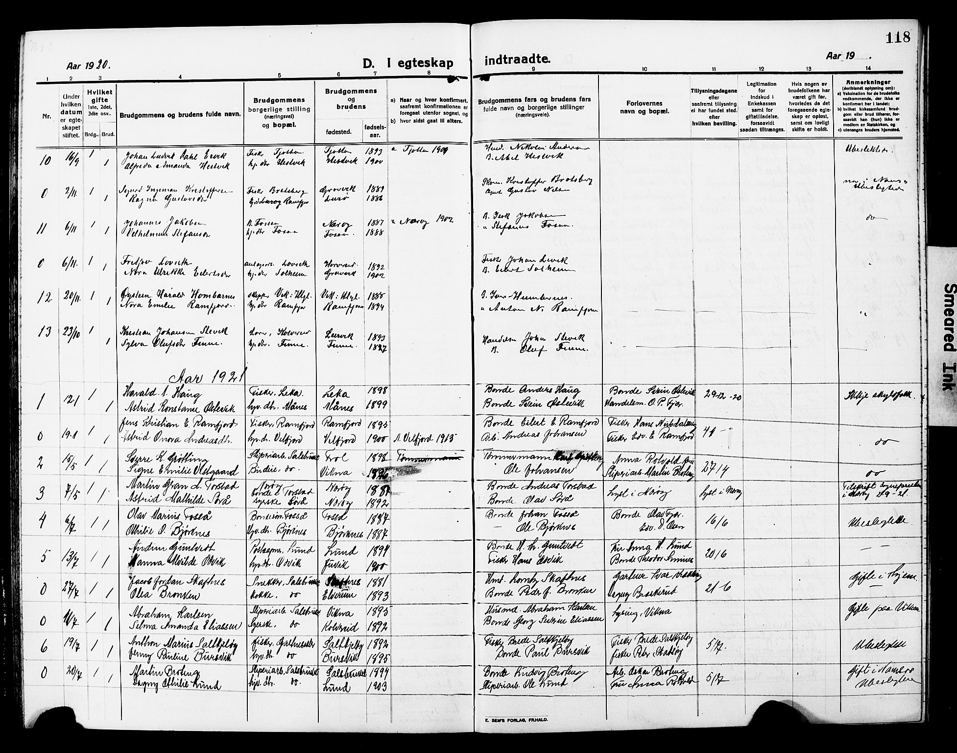 Ministerialprotokoller, klokkerbøker og fødselsregistre - Nord-Trøndelag, SAT/A-1458/780/L0653: Parish register (copy) no. 780C05, 1911-1927, p. 118