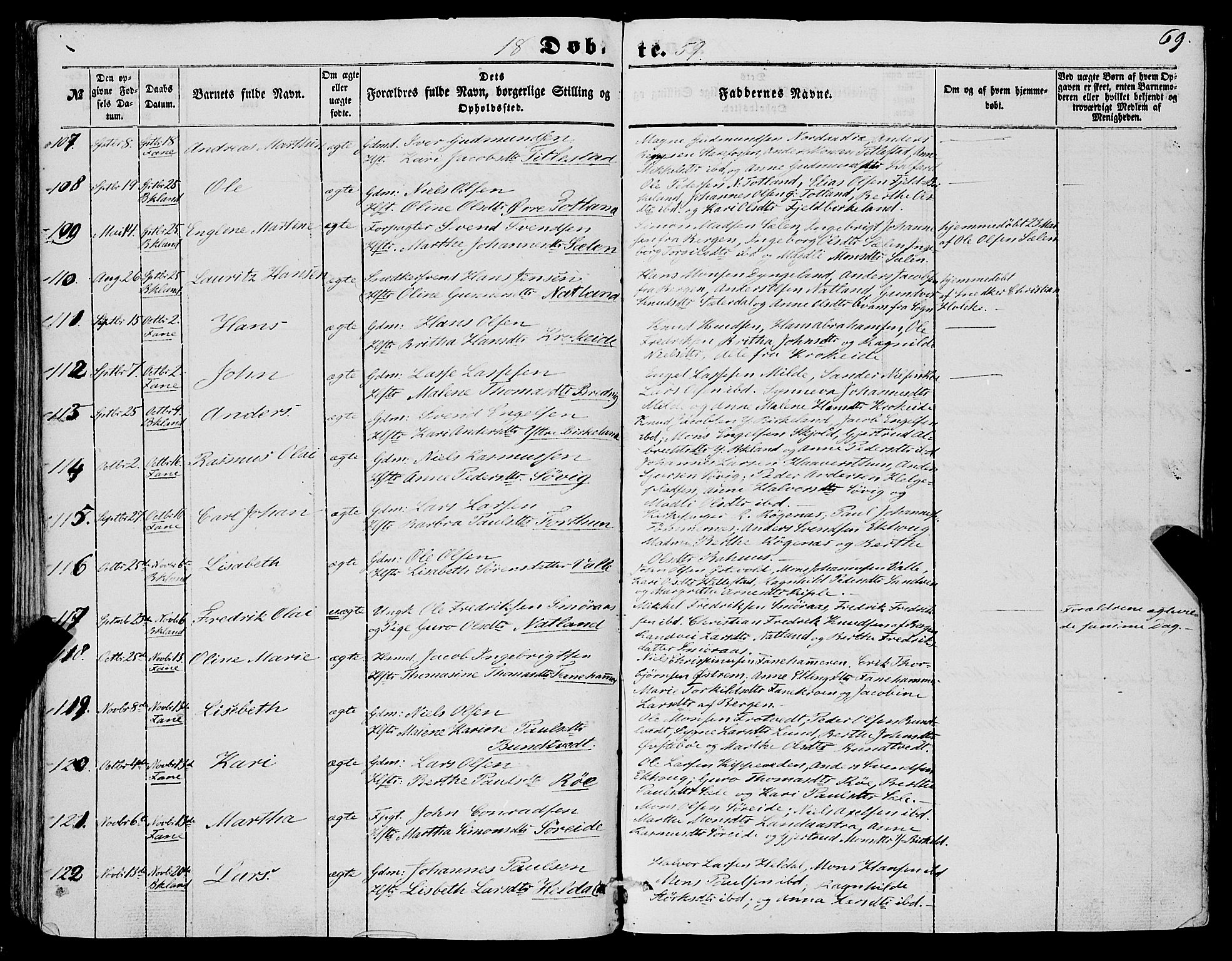 Fana Sokneprestembete, AV/SAB-A-75101/H/Haa/Haaa/L0011: Parish register (official) no. A 11, 1851-1862, p. 69