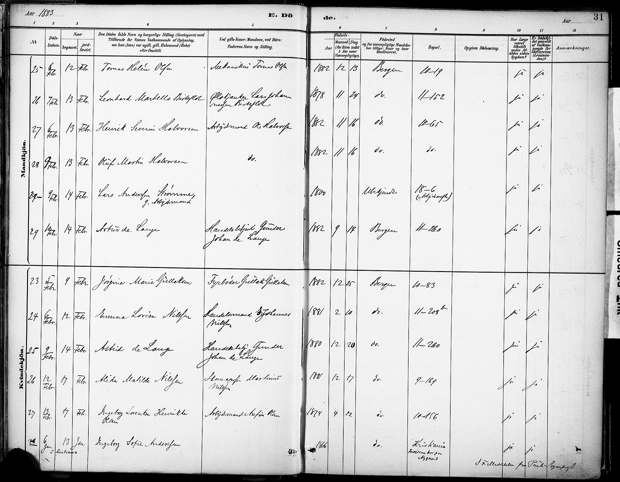 Domkirken sokneprestembete, AV/SAB-A-74801/H/Haa/L0043: Parish register (official) no. E 5, 1882-1904, p. 31