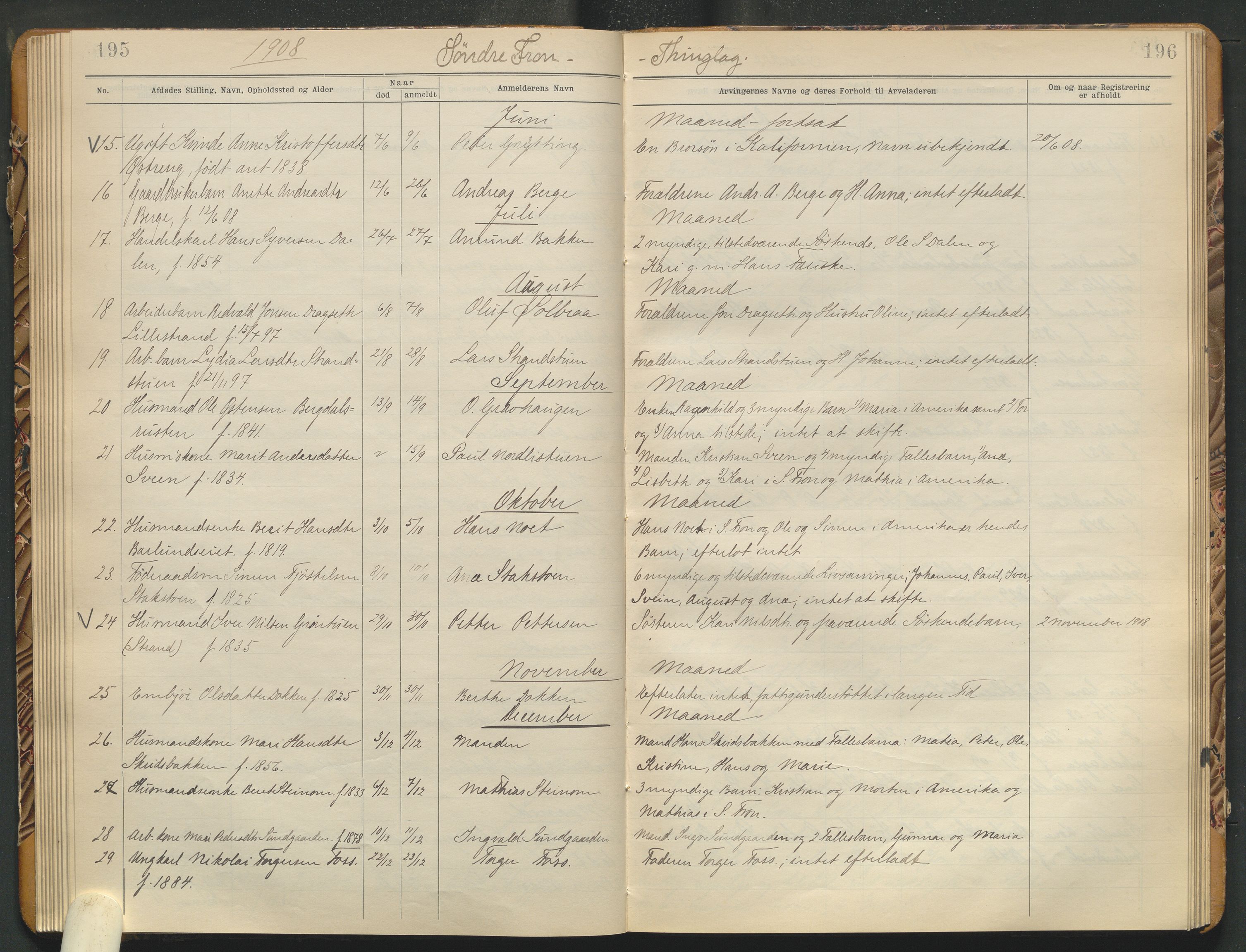Sør-Gudbrandsdal tingrett, AV/SAH-TING-004/J/Jd/Jda/L0004: Dødsfallsprotokoll  - landet, 1906-1914, p. 195-196