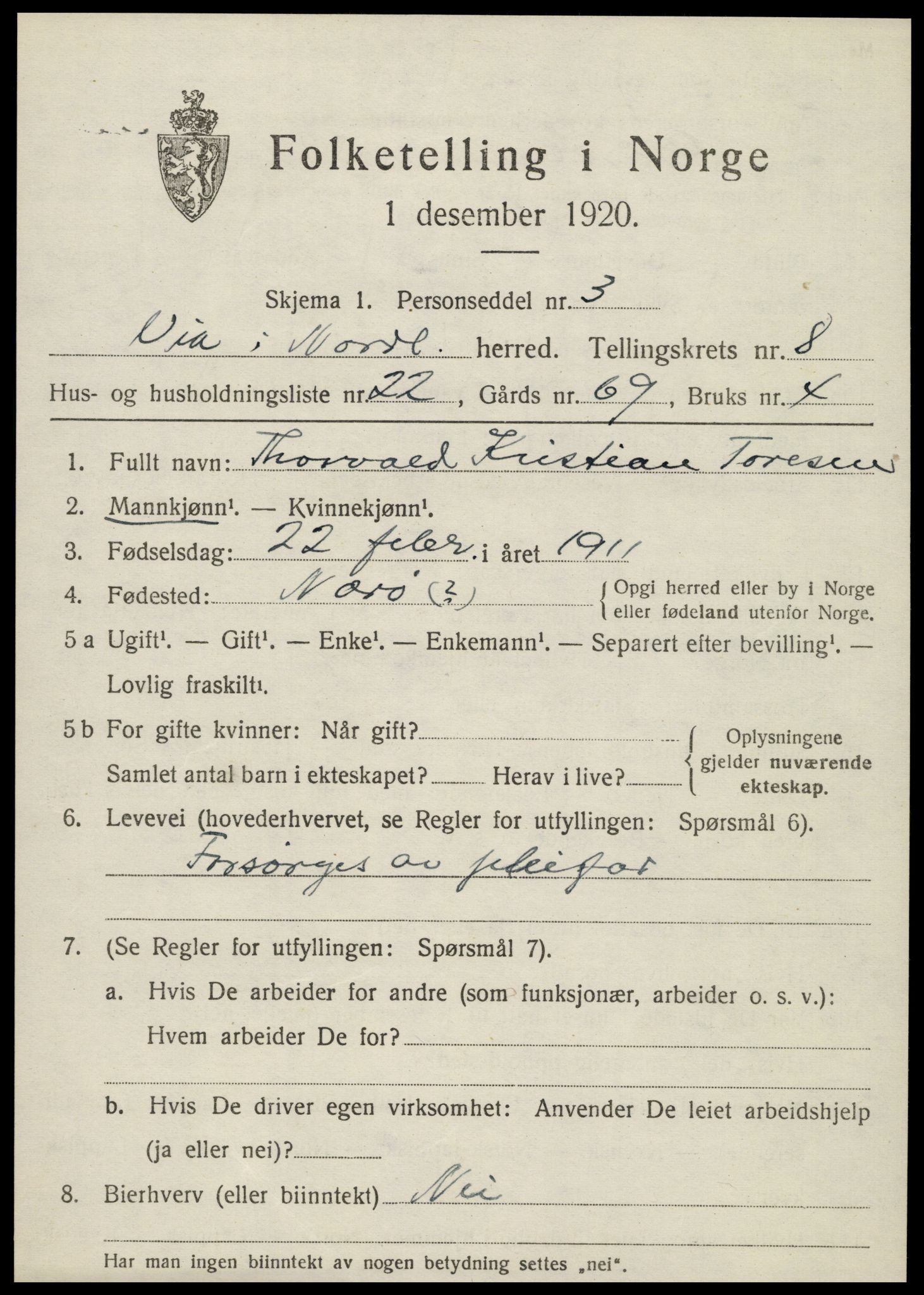 SAT, 1920 census for Vik, 1920, p. 5485