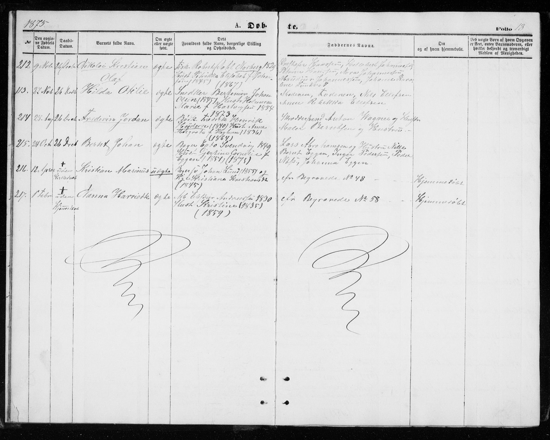 Tromsø sokneprestkontor/stiftsprosti/domprosti, AV/SATØ-S-1343/G/Gb/L0008klokker: Parish register (copy) no. 8, 1875-1879, p. 13