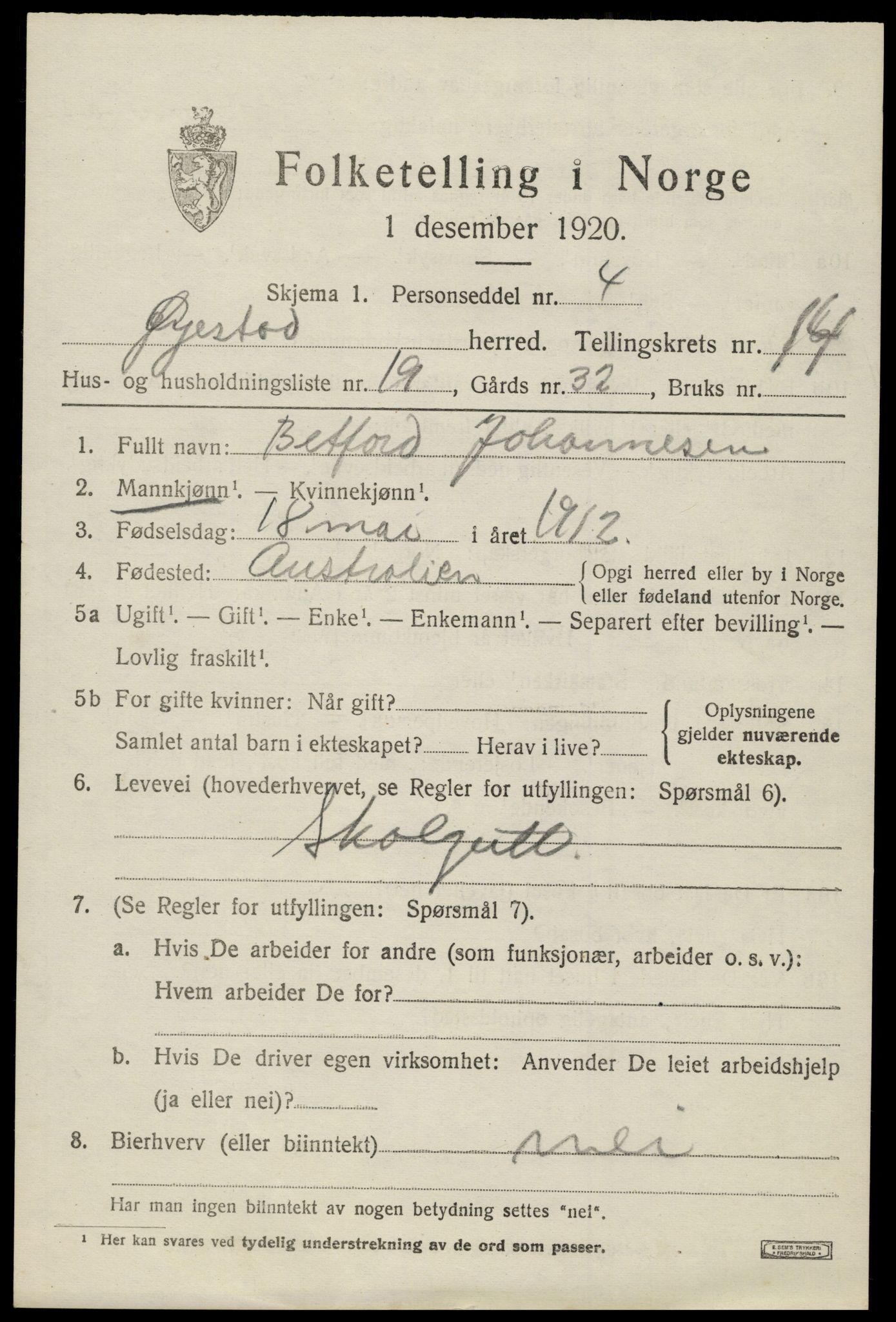 SAK, 1920 census for Øyestad, 1920, p. 9428