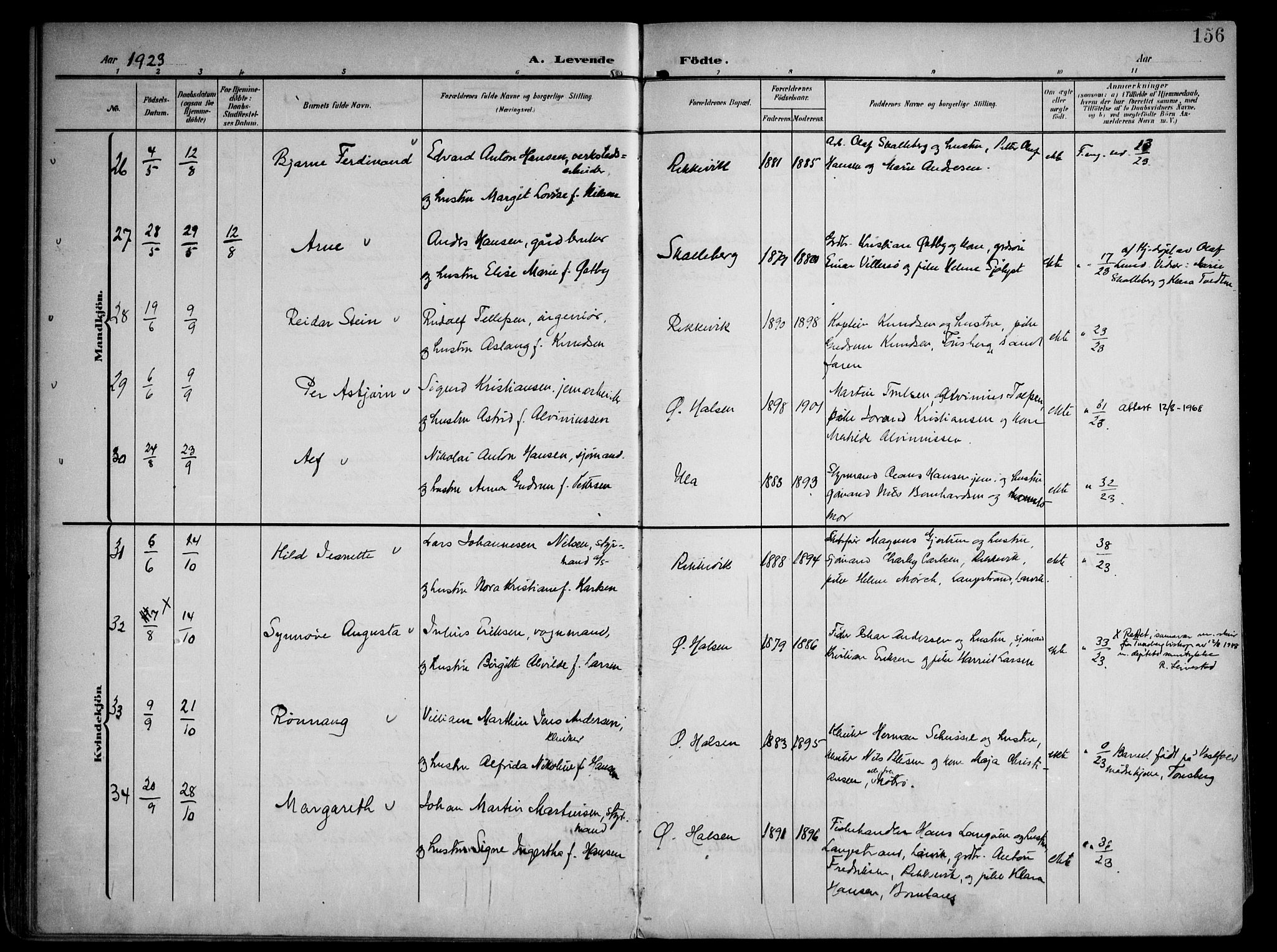 Tjølling kirkebøker, AV/SAKO-A-60/F/Fa/L0010: Parish register (official) no. 10, 1906-1923, p. 156