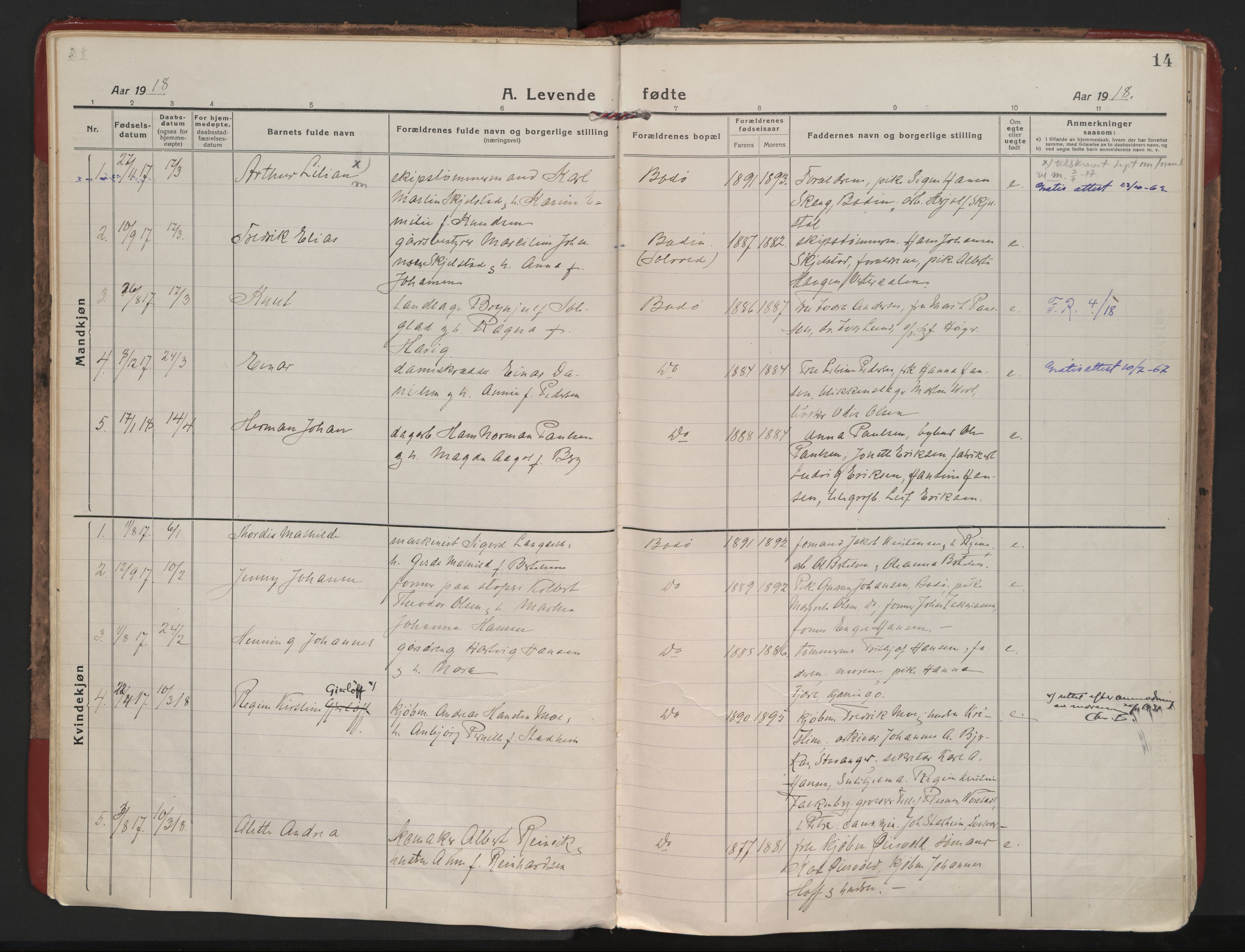 Ministerialprotokoller, klokkerbøker og fødselsregistre - Nordland, SAT/A-1459/801/L0017: Parish register (official) no. 801A17, 1917-1930, p. 14