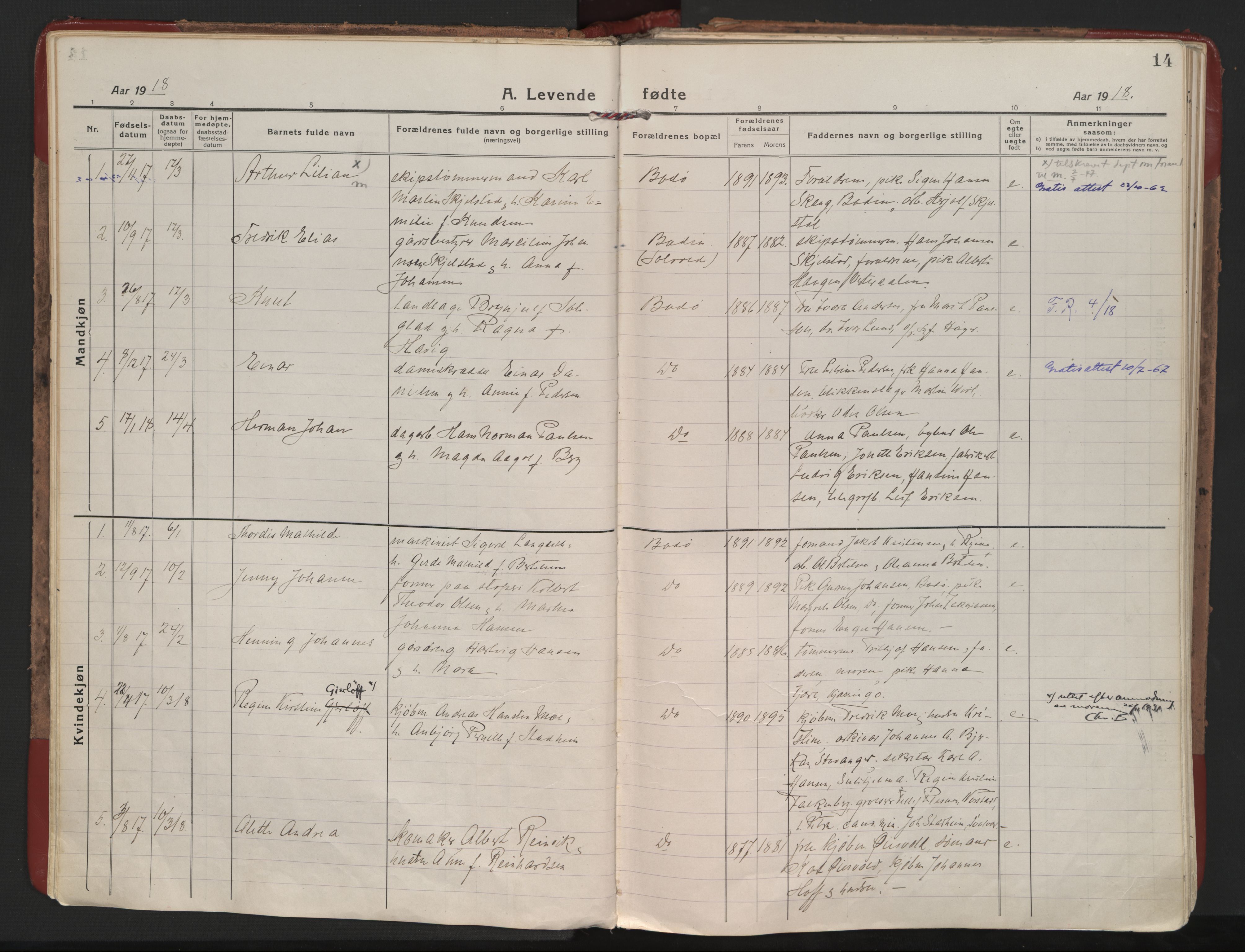 Ministerialprotokoller, klokkerbøker og fødselsregistre - Nordland, AV/SAT-A-1459/801/L0017: Parish register (official) no. 801A17, 1917-1930, p. 14