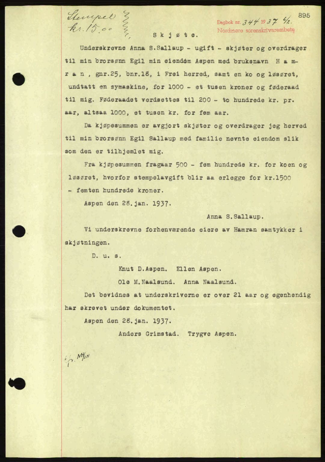 Nordmøre sorenskriveri, AV/SAT-A-4132/1/2/2Ca: Mortgage book no. A80, 1936-1937, Diary no: : 344/1937