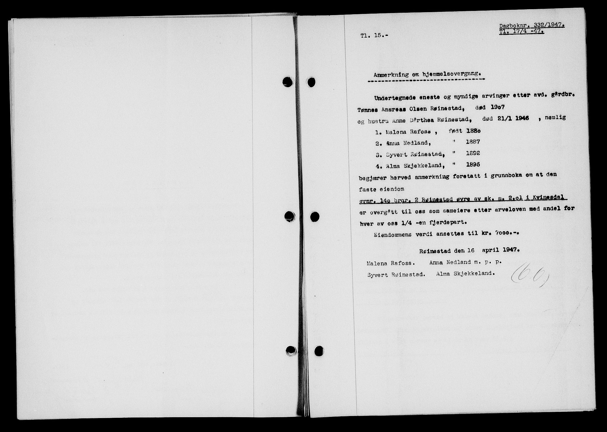 Flekkefjord sorenskriveri, SAK/1221-0001/G/Gb/Gba/L0062: Mortgage book no. A-10, 1947-1947, Diary no: : 332/1947