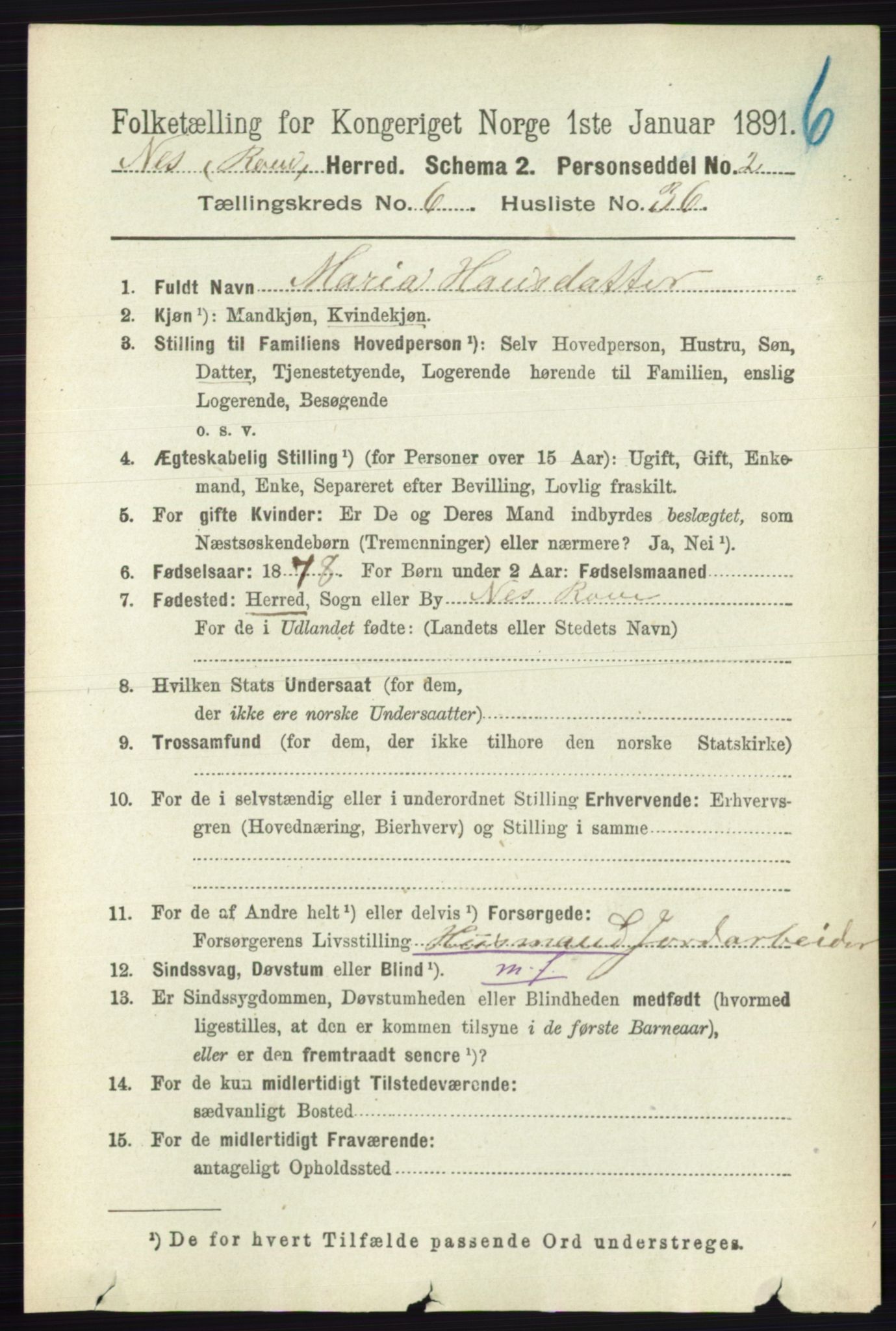 RA, 1891 census for 0236 Nes, 1891, p. 3611