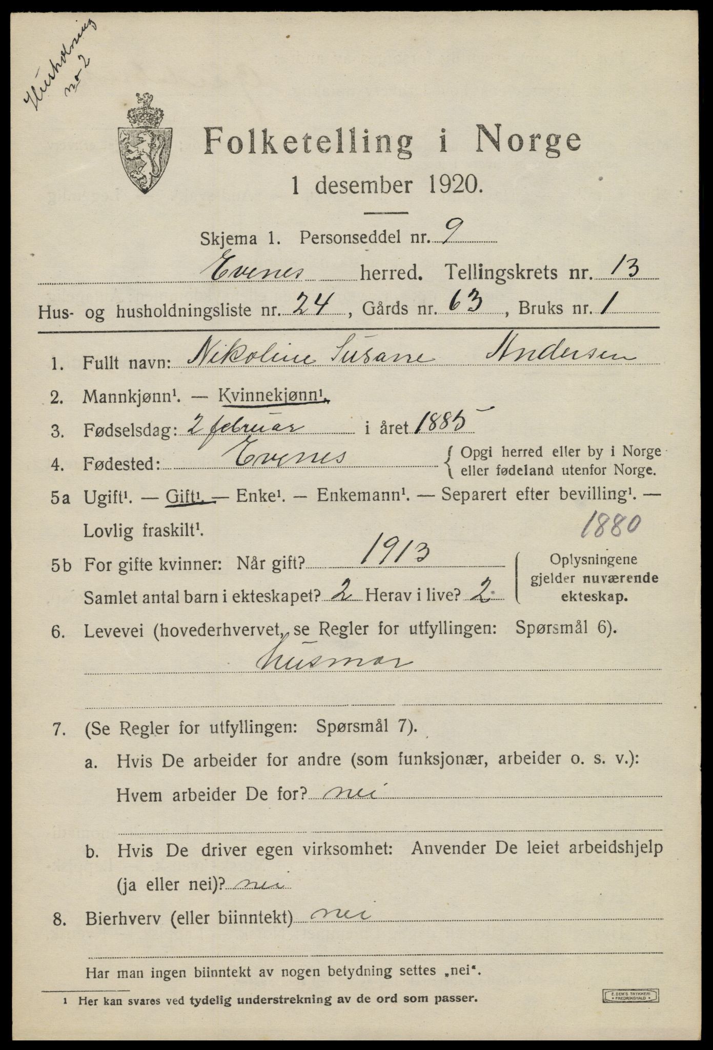 SAT, 1920 census for Evenes, 1920, p. 12192