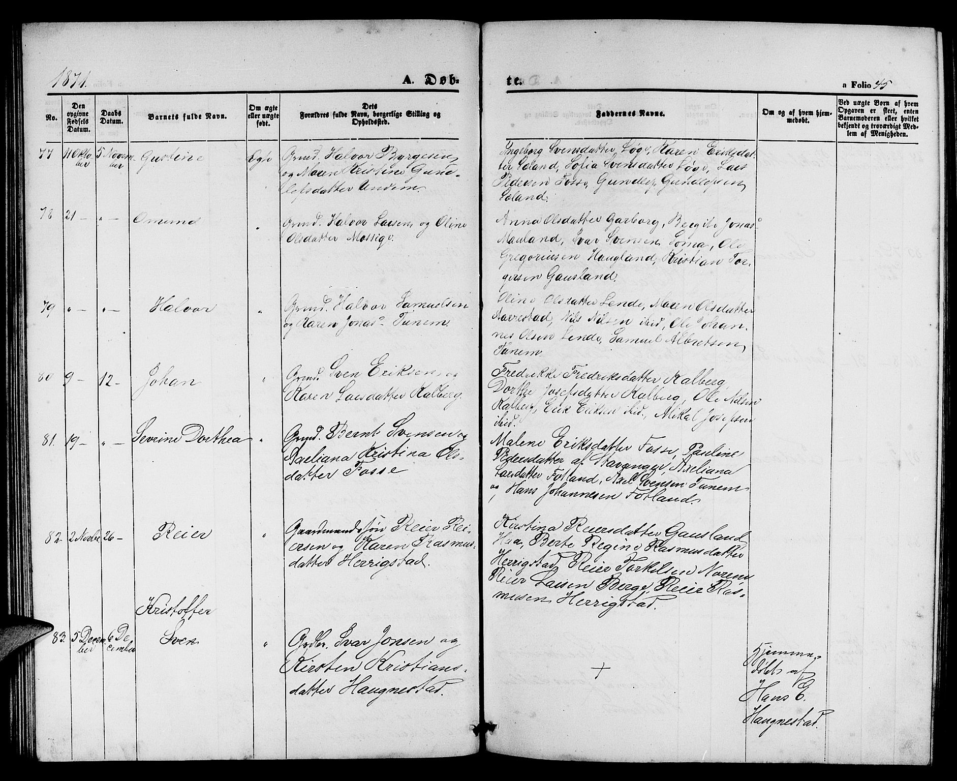 Lye sokneprestkontor, AV/SAST-A-101794/001/30BB/L0004: Parish register (copy) no. B 4, 1868-1878, p. 45