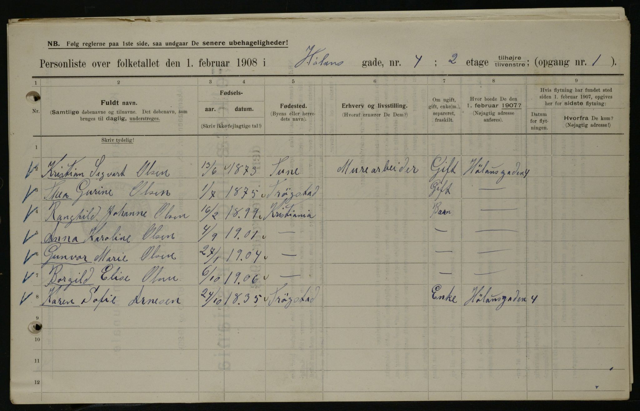 OBA, Municipal Census 1908 for Kristiania, 1908, p. 38032