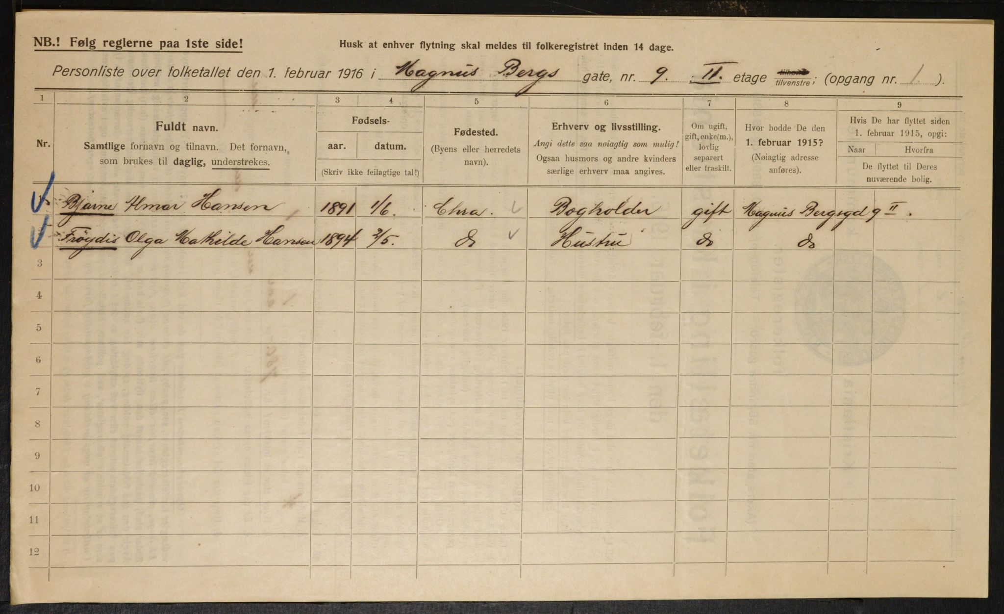 OBA, Municipal Census 1916 for Kristiania, 1916, p. 60543