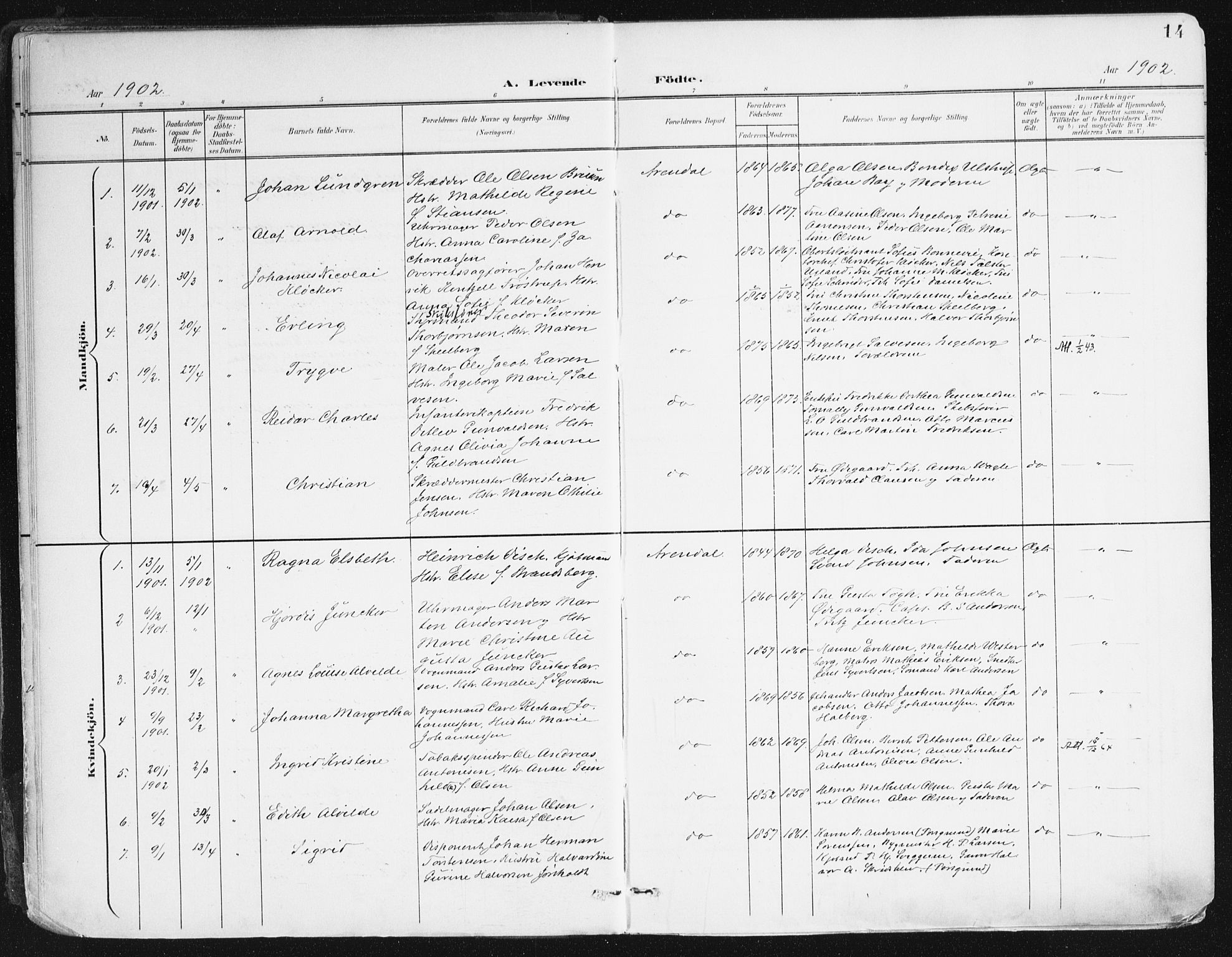 Arendal sokneprestkontor, Trefoldighet, SAK/1111-0040/F/Fa/L0010: Parish register (official) no. A 10, 1900-1919, p. 14