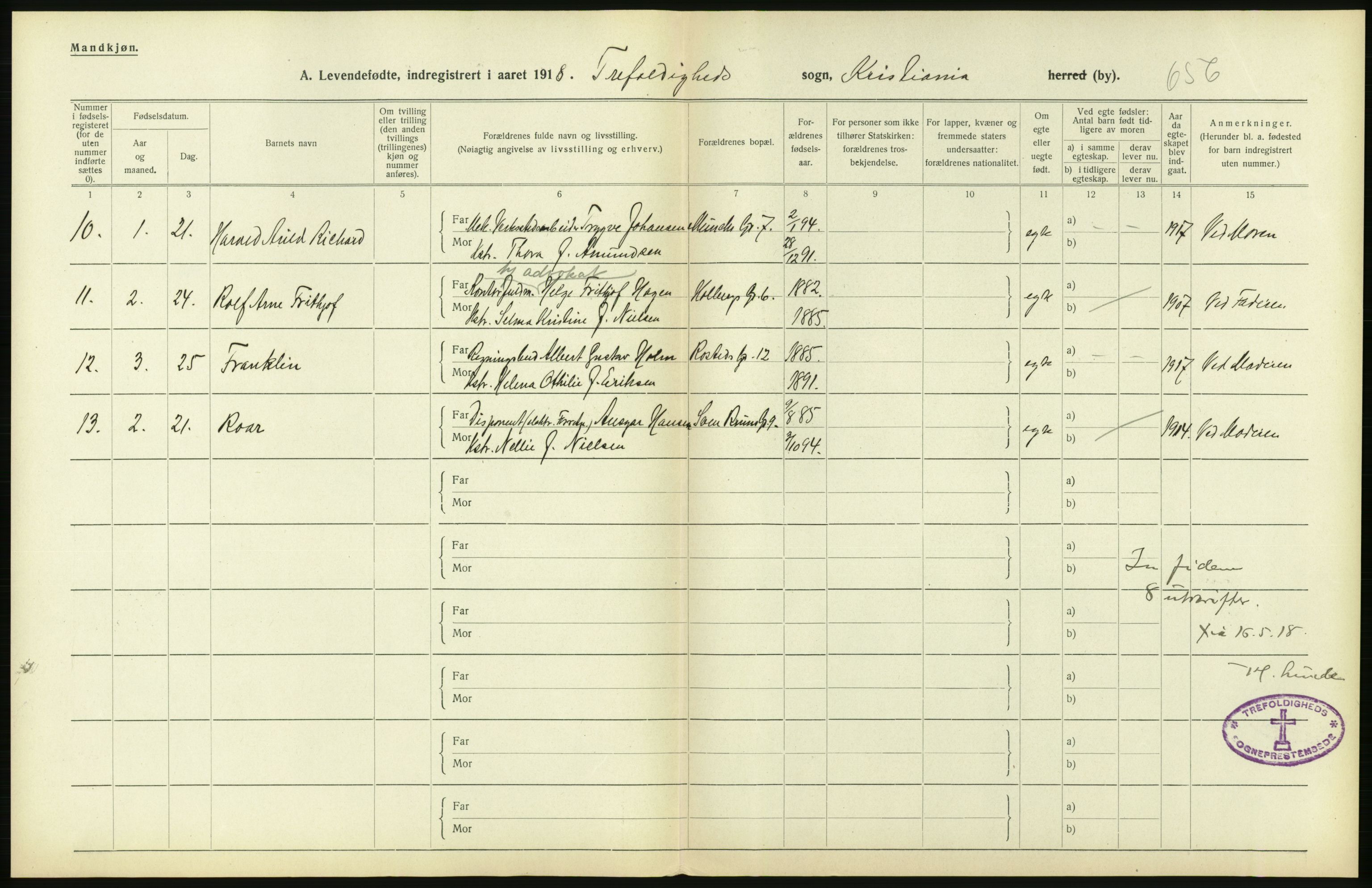 Statistisk sentralbyrå, Sosiodemografiske emner, Befolkning, AV/RA-S-2228/D/Df/Dfb/Dfbh/L0008: Kristiania: Levendefødte menn og kvinner., 1918, p. 260