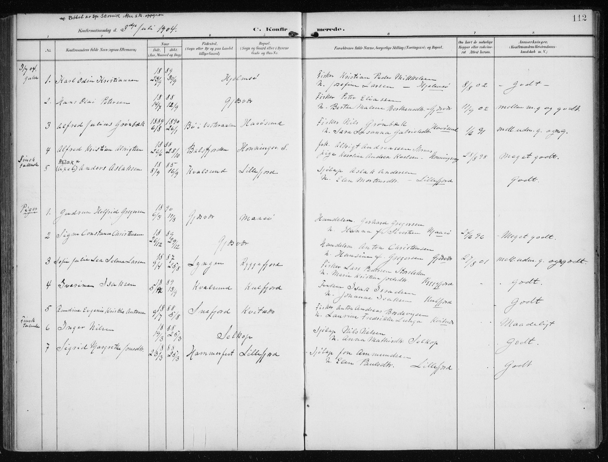 Måsøy sokneprestkontor, SATØ/S-1348/H/Ha/L0009kirke: Parish register (official) no. 9, 1903-1914, p. 112