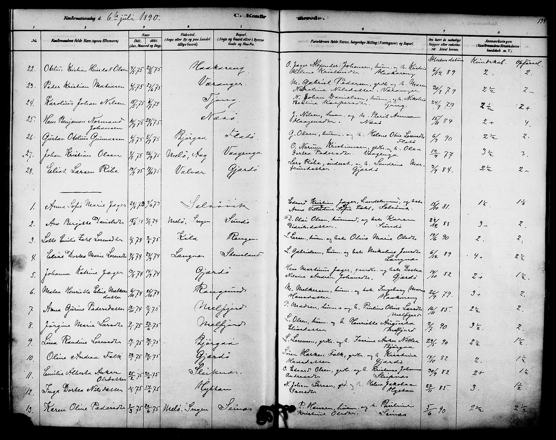 Ministerialprotokoller, klokkerbøker og fødselsregistre - Nordland, AV/SAT-A-1459/841/L0609: Parish register (official) no. 841A12, 1878-1901, p. 134