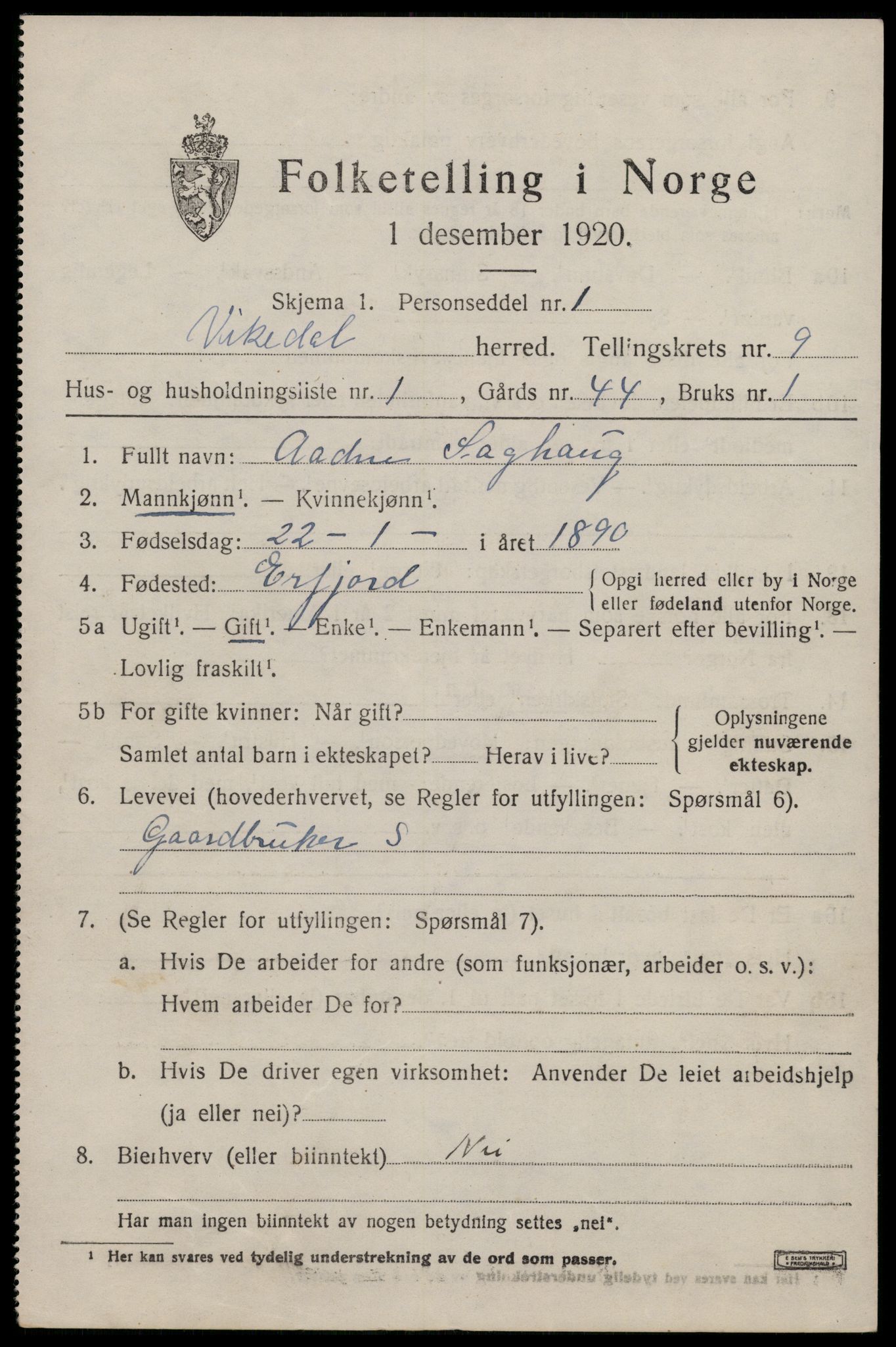 SAST, 1920 census for Vikedal, 1920, p. 2923