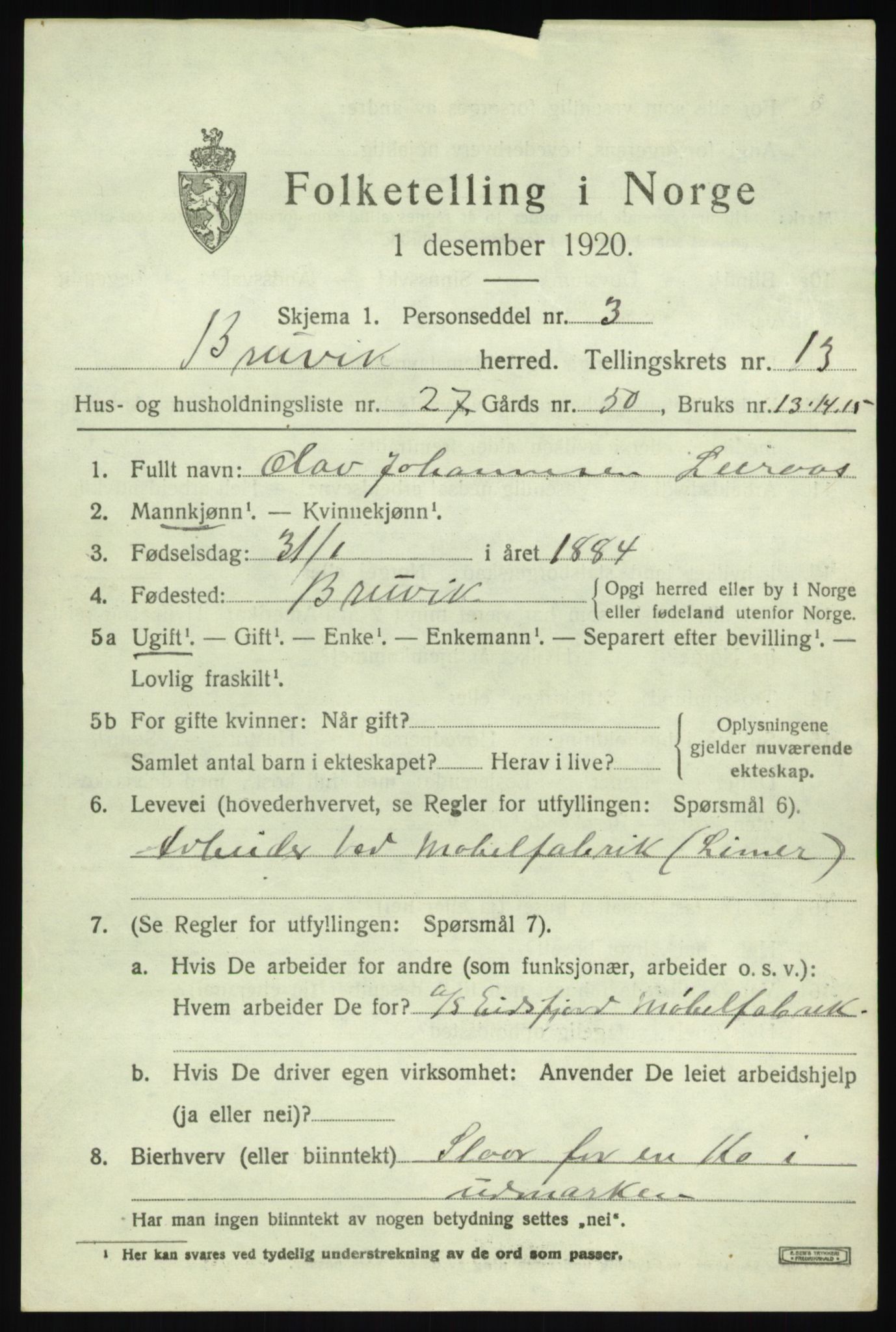 SAB, 1920 census for Bruvik, 1920, p. 8508