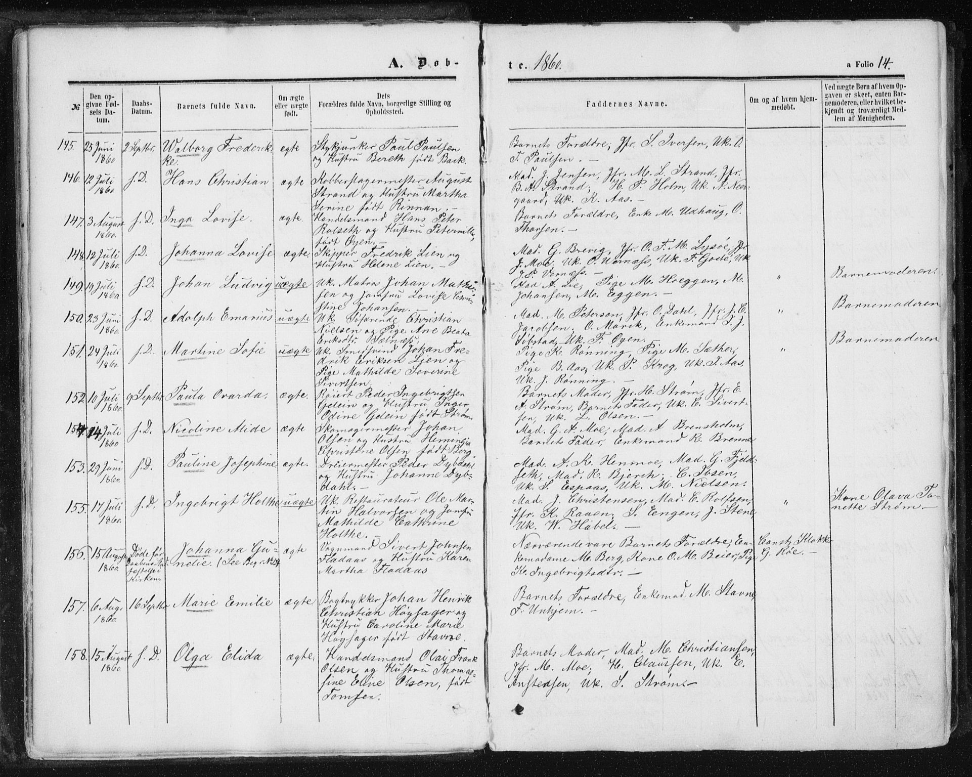 Ministerialprotokoller, klokkerbøker og fødselsregistre - Sør-Trøndelag, SAT/A-1456/602/L0115: Parish register (official) no. 602A13, 1860-1872, p. 14