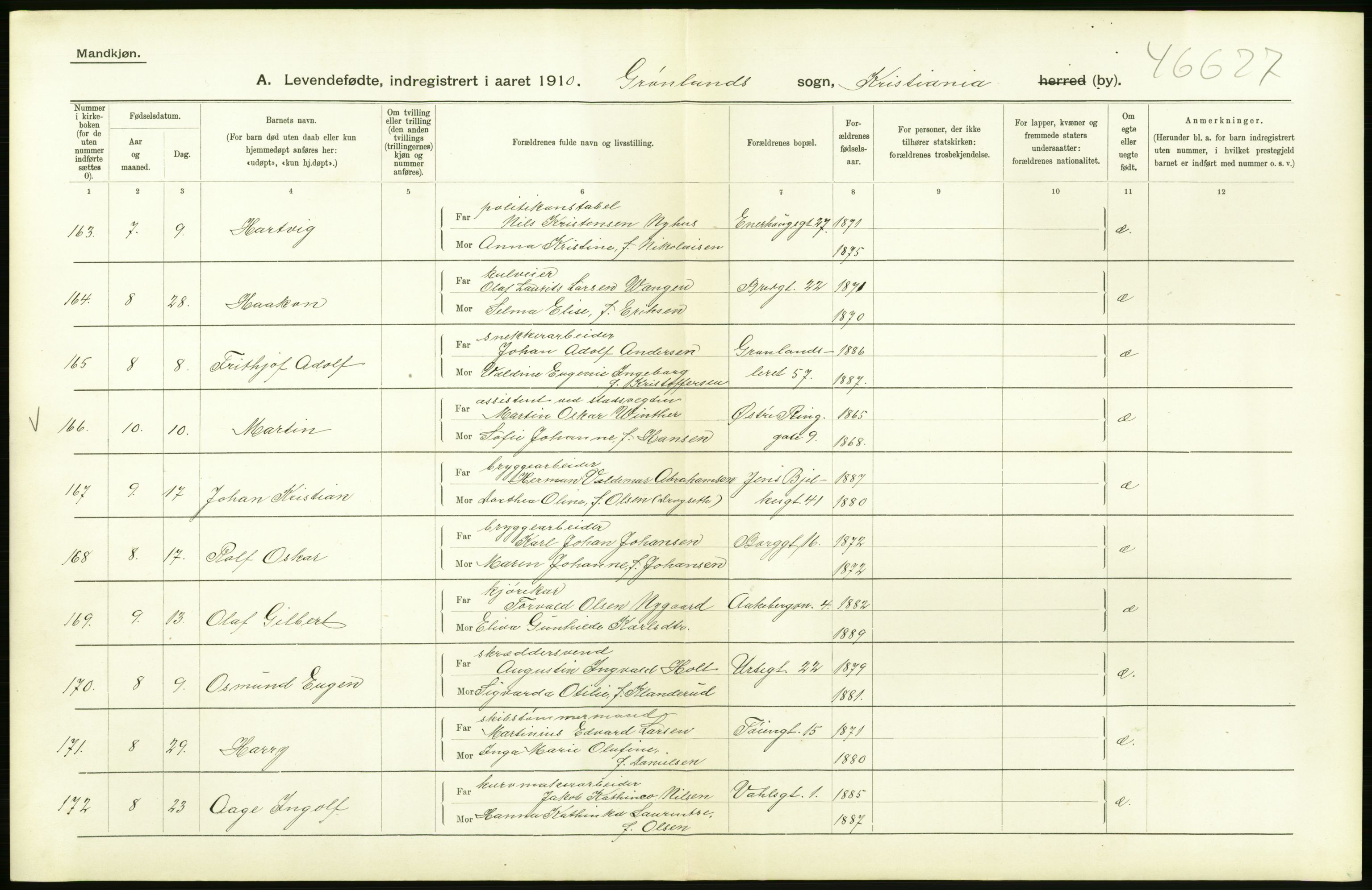 Statistisk sentralbyrå, Sosiodemografiske emner, Befolkning, RA/S-2228/D/Df/Dfa/Dfah/L0006: Kristiania: Levendefødte menn., 1910, p. 686