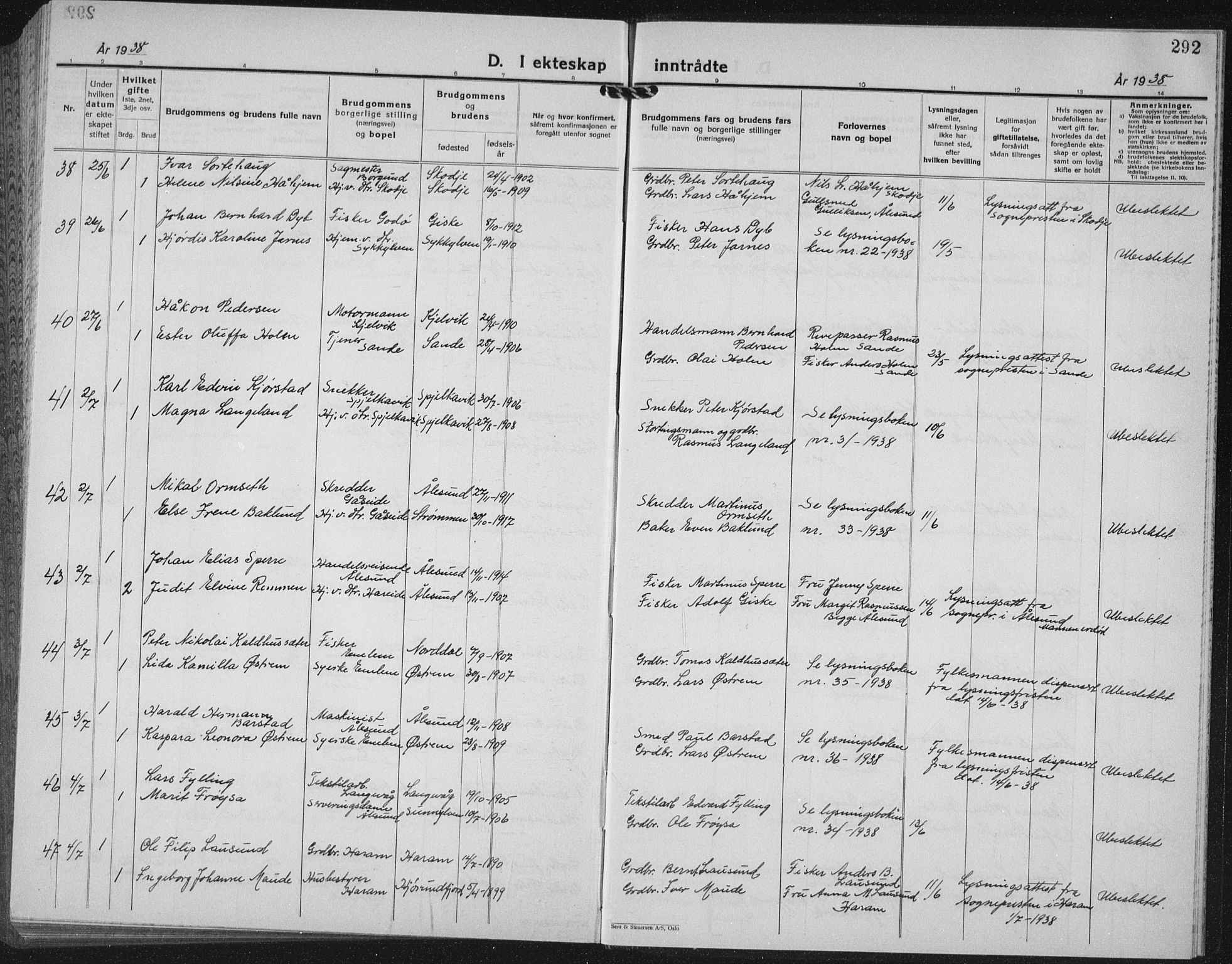 Ministerialprotokoller, klokkerbøker og fødselsregistre - Møre og Romsdal, AV/SAT-A-1454/528/L0436: Parish register (copy) no. 528C17, 1927-1939, p. 292