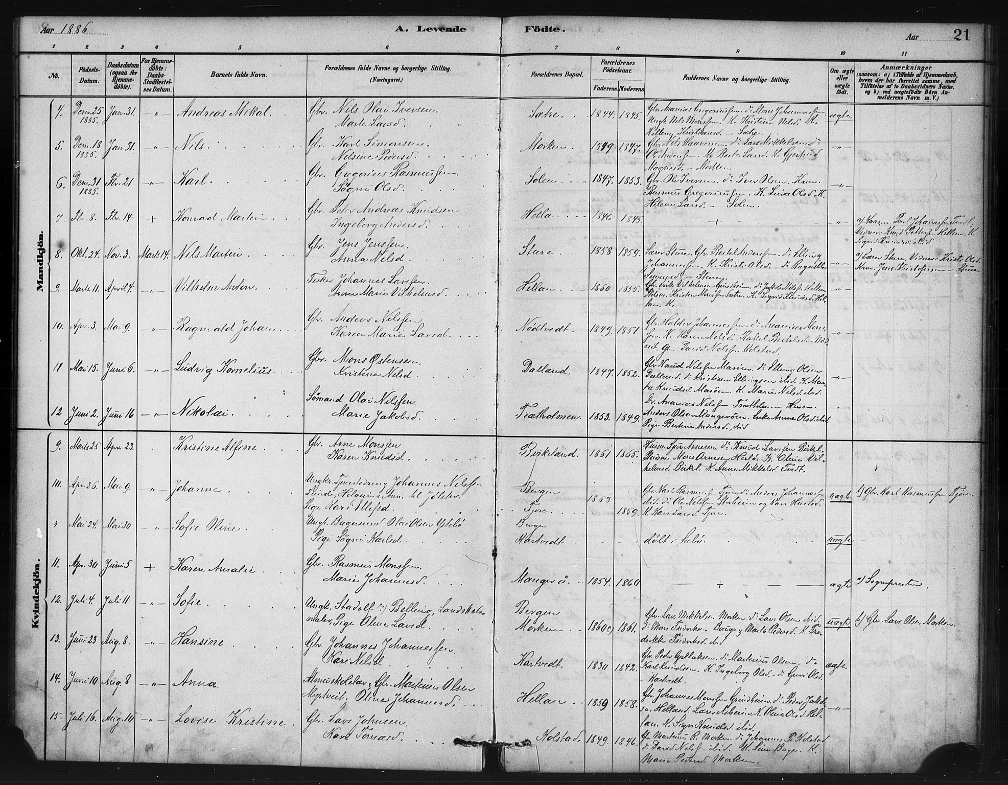 Manger sokneprestembete, SAB/A-76801/H/Haa: Parish register (official) no. B 1, 1881-1892, p. 21