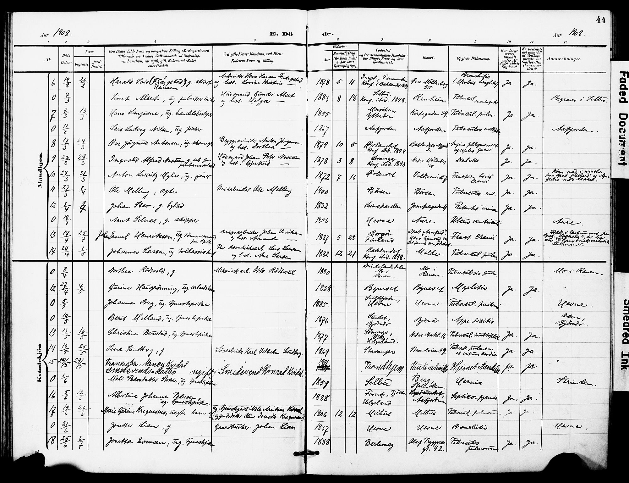 Ministerialprotokoller, klokkerbøker og fødselsregistre - Sør-Trøndelag, AV/SAT-A-1456/628/L0483: Parish register (official) no. 628A01, 1902-1920, p. 44