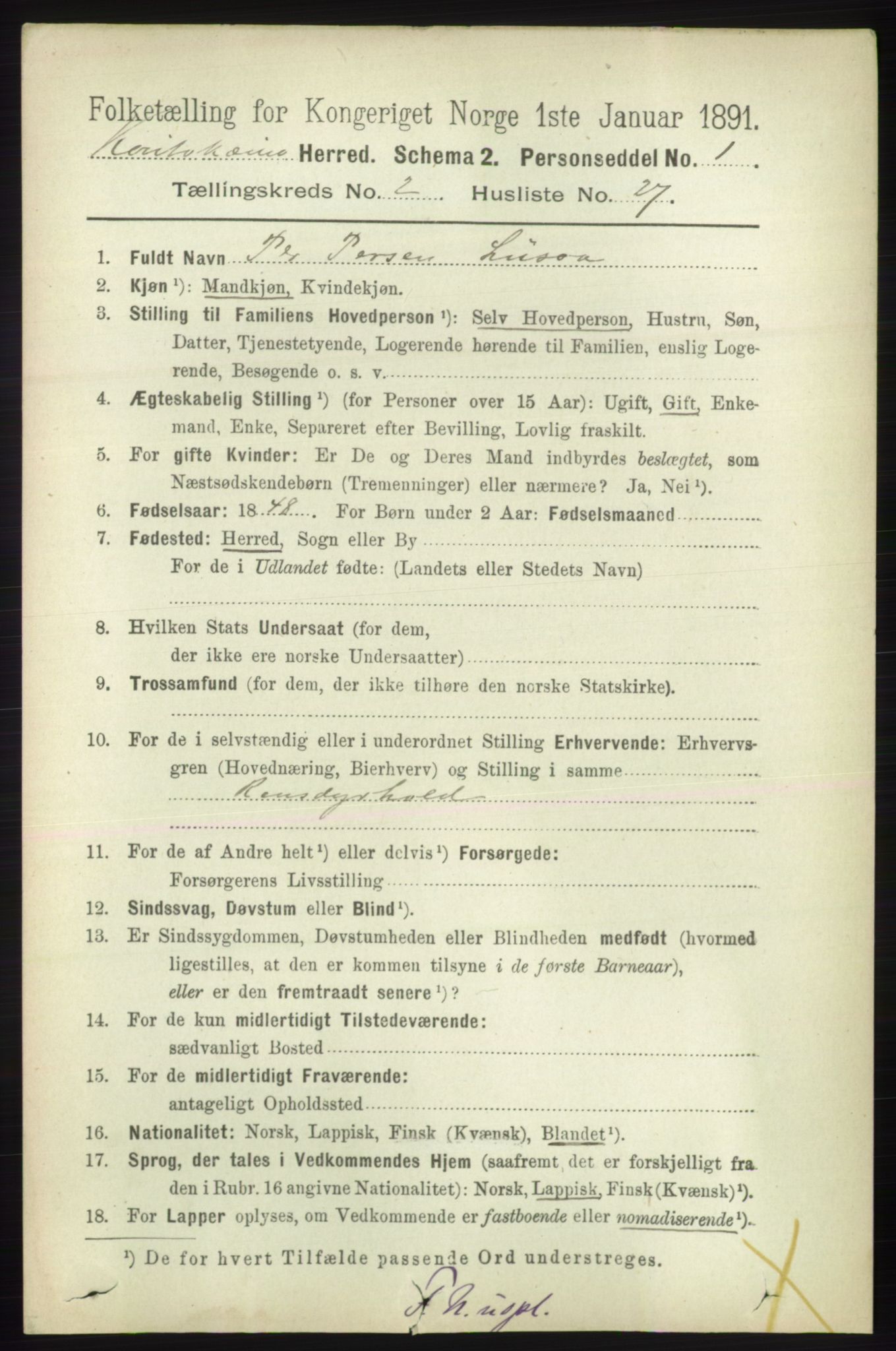 RA, 1891 census for 2011 Kautokeino, 1891, p. 456