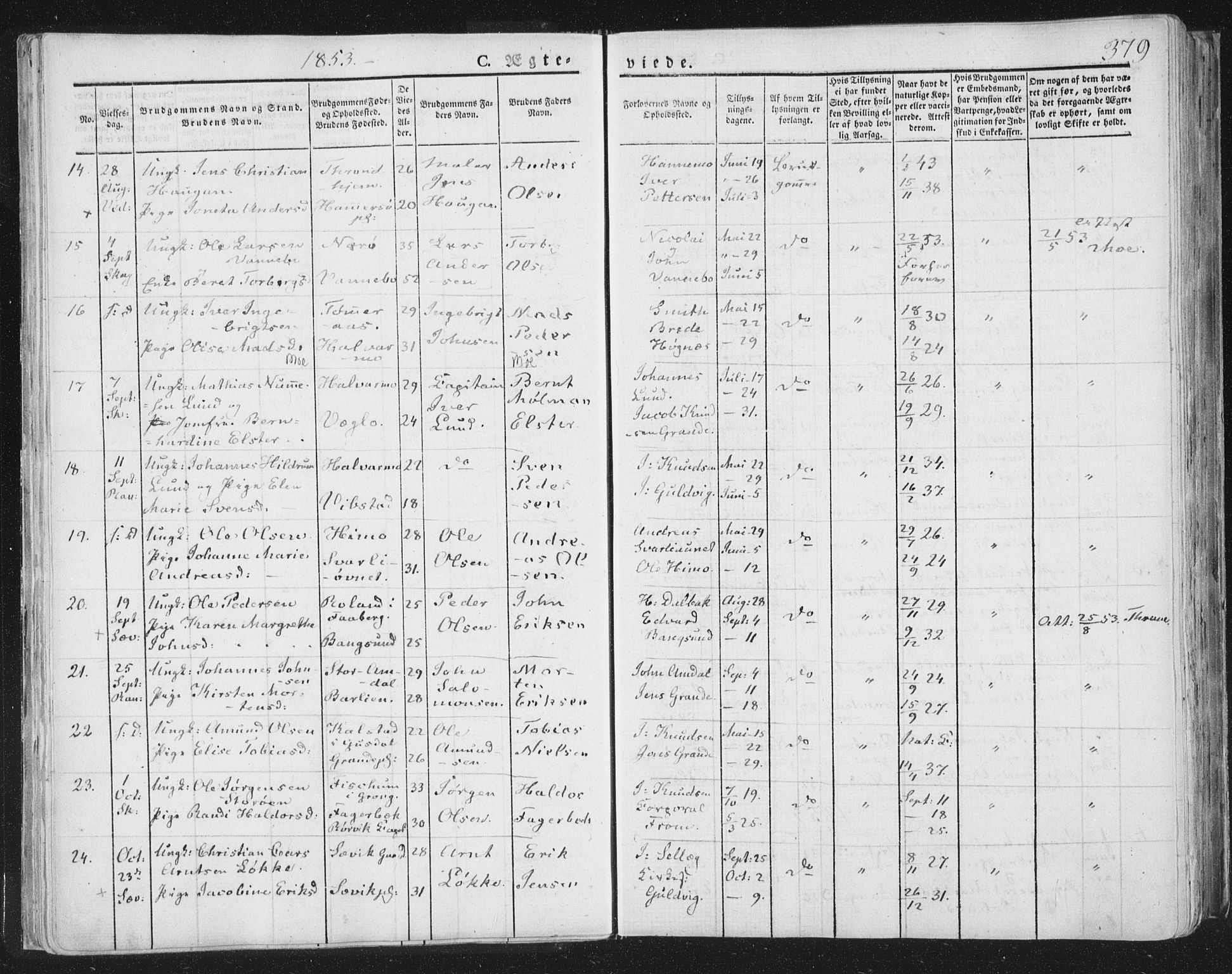 Ministerialprotokoller, klokkerbøker og fødselsregistre - Nord-Trøndelag, SAT/A-1458/764/L0552: Parish register (official) no. 764A07b, 1824-1865, p. 379