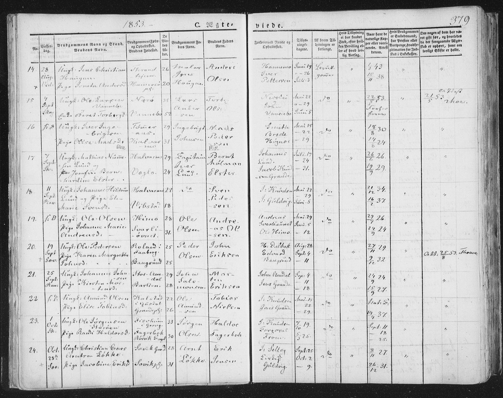 Ministerialprotokoller, klokkerbøker og fødselsregistre - Nord-Trøndelag, AV/SAT-A-1458/764/L0552: Parish register (official) no. 764A07b, 1824-1865, p. 379