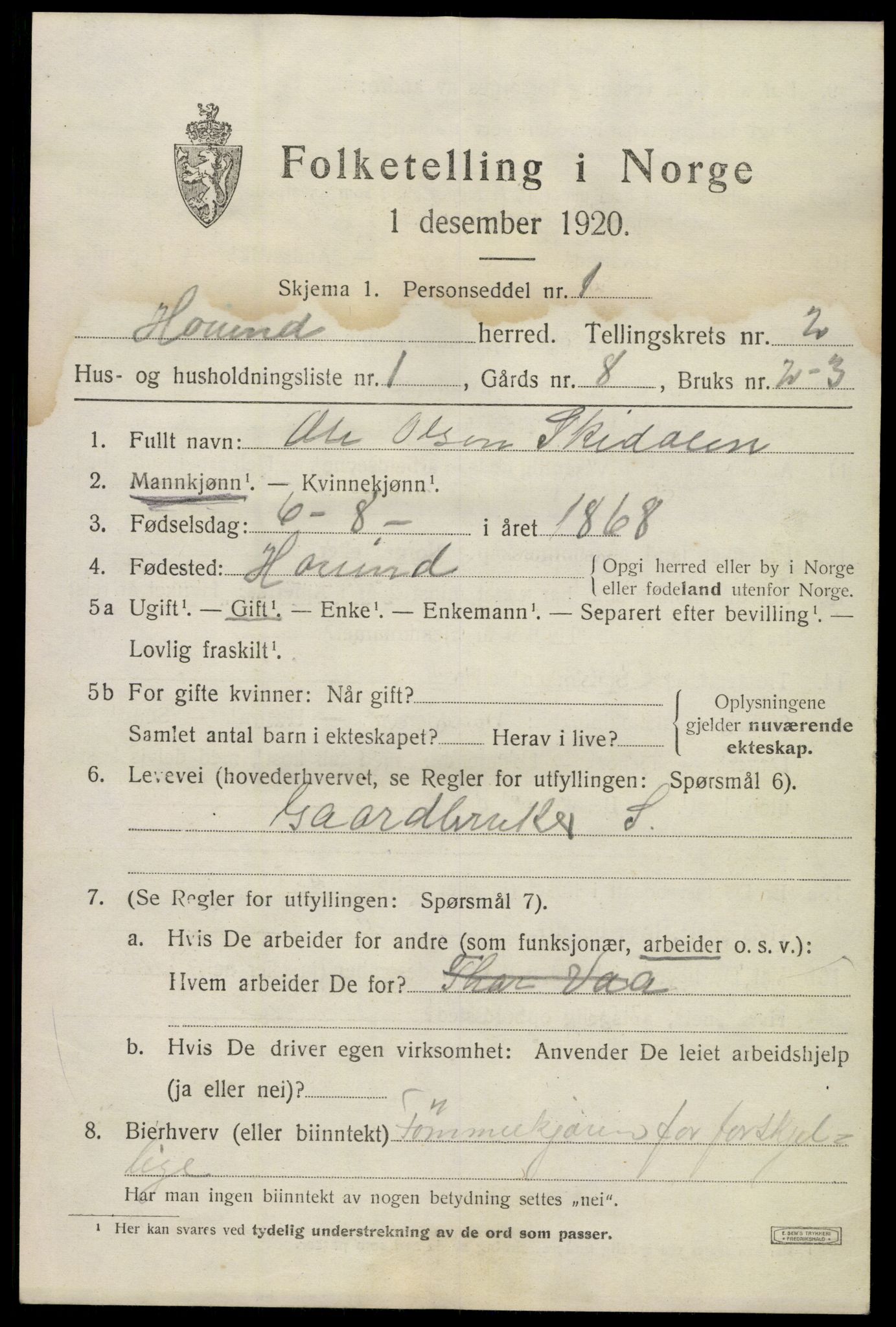 SAKO, 1920 census for Hovin, 1920, p. 733