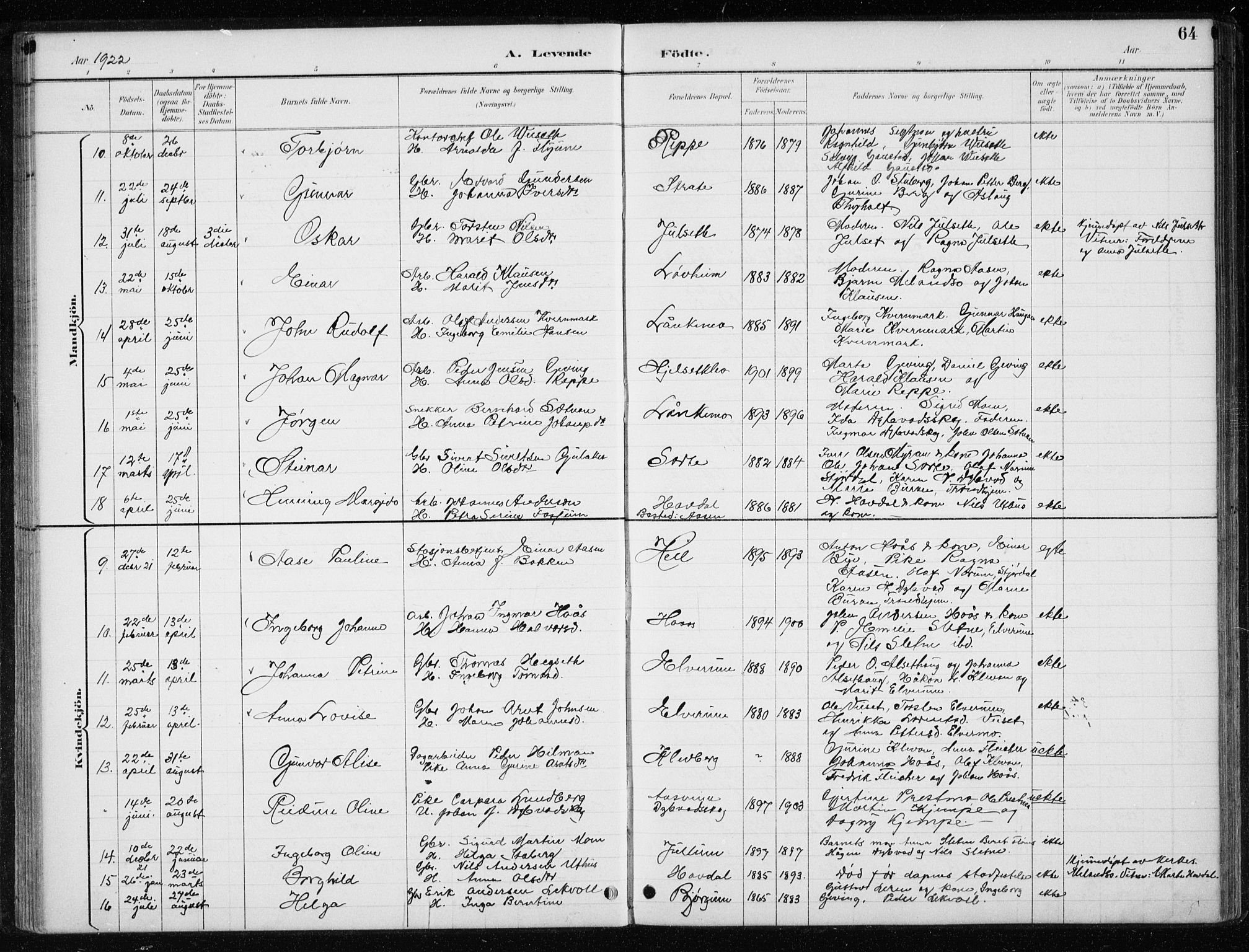 Ministerialprotokoller, klokkerbøker og fødselsregistre - Nord-Trøndelag, SAT/A-1458/710/L0096: Parish register (copy) no. 710C01, 1892-1925, p. 64