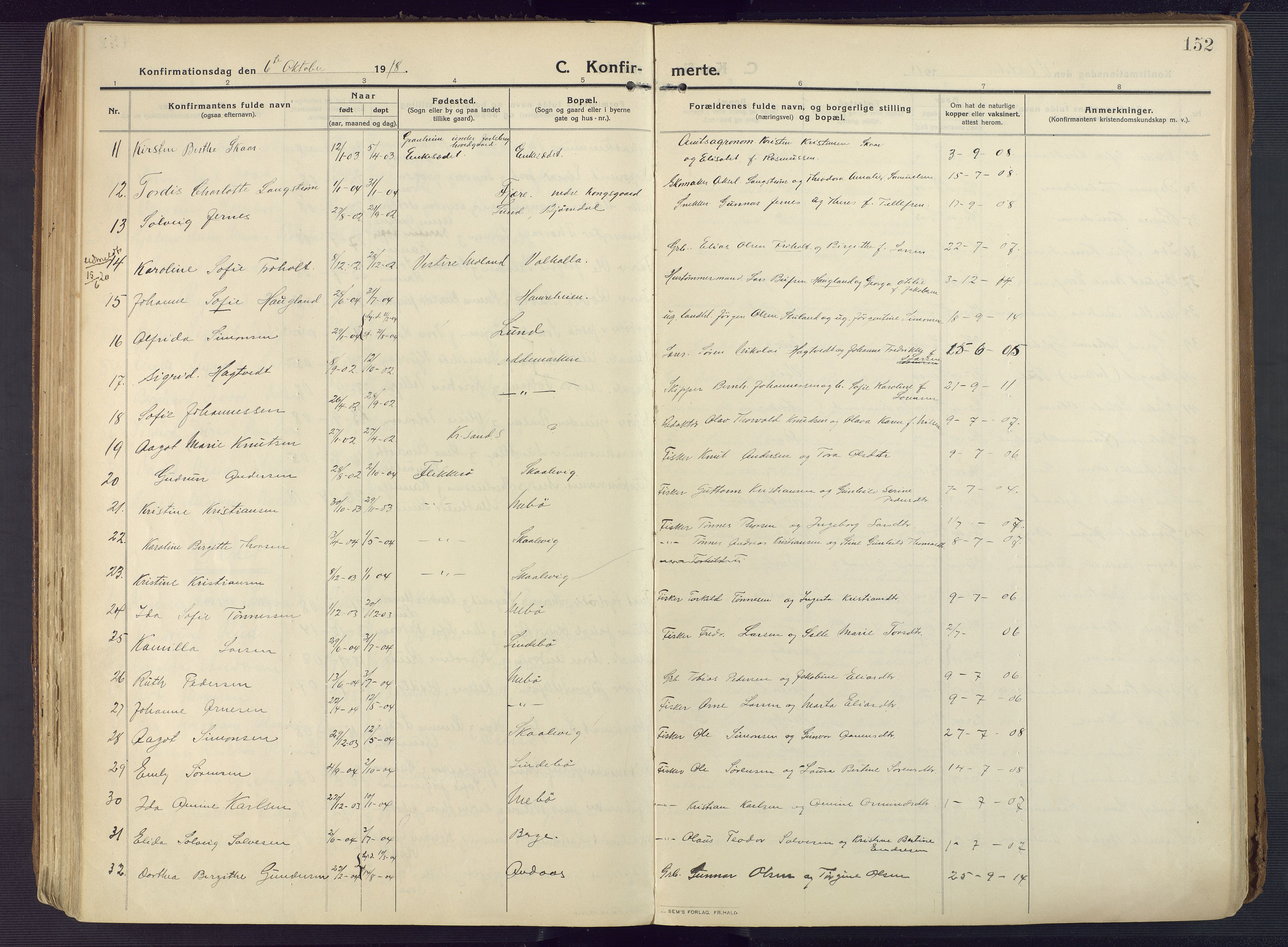 Oddernes sokneprestkontor, AV/SAK-1111-0033/F/Fa/Faa/L0012: Parish register (official) no. A 12, 1912-1925, p. 152