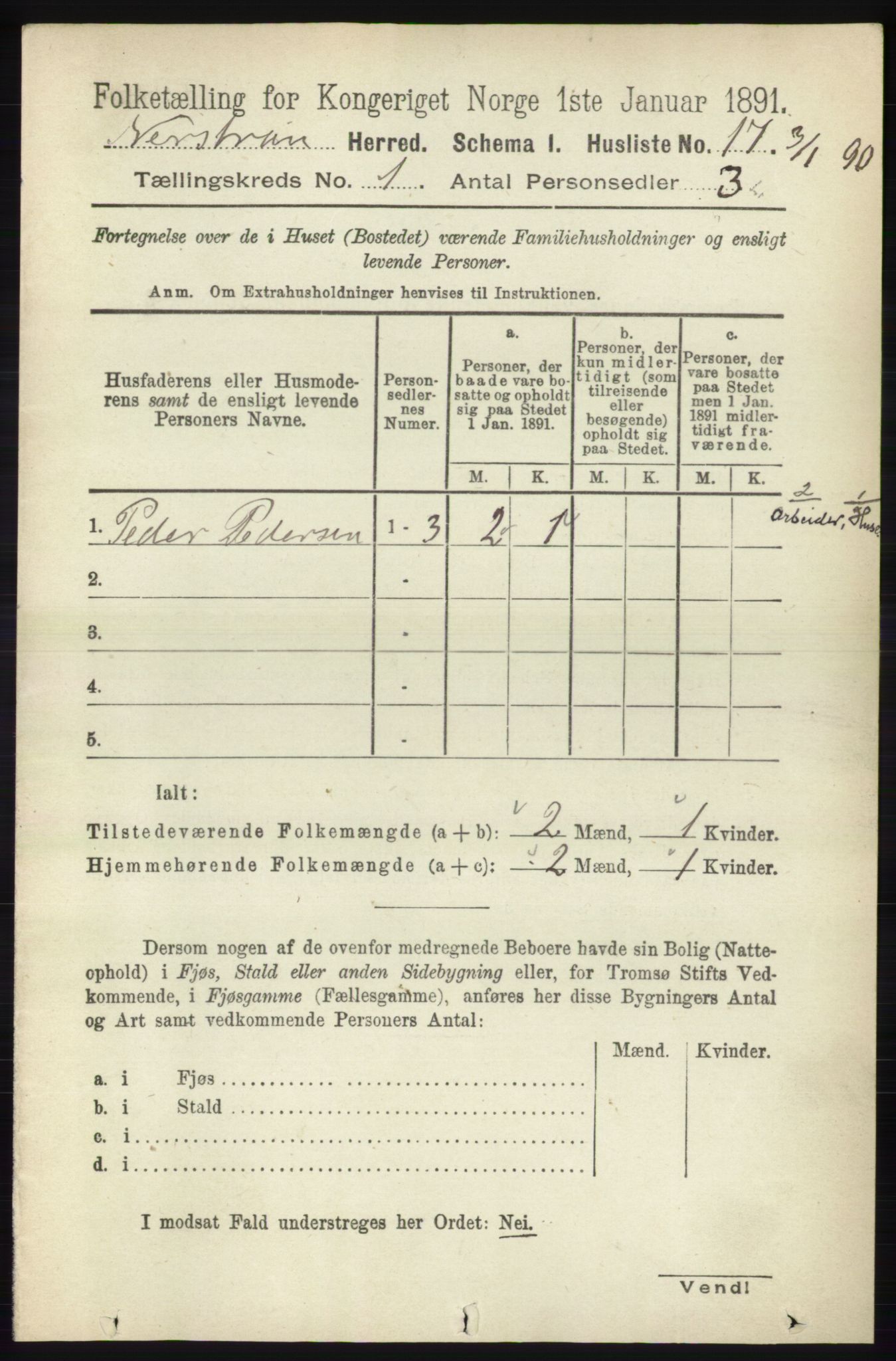 RA, 1891 census for 1139 Nedstrand, 1891, p. 43