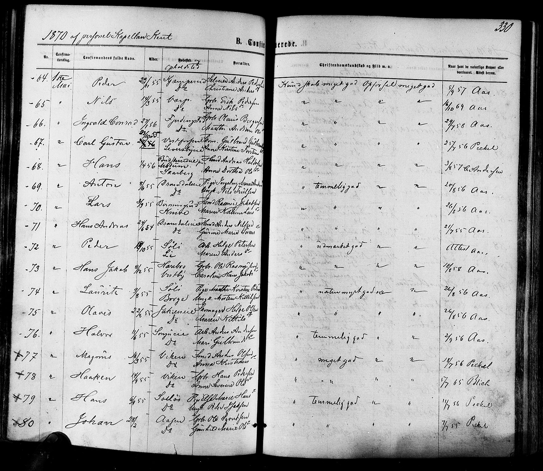 Eiker kirkebøker, AV/SAKO-A-4/F/Fa/L0017: Parish register (official) no. I 17, 1869-1877, p. 330