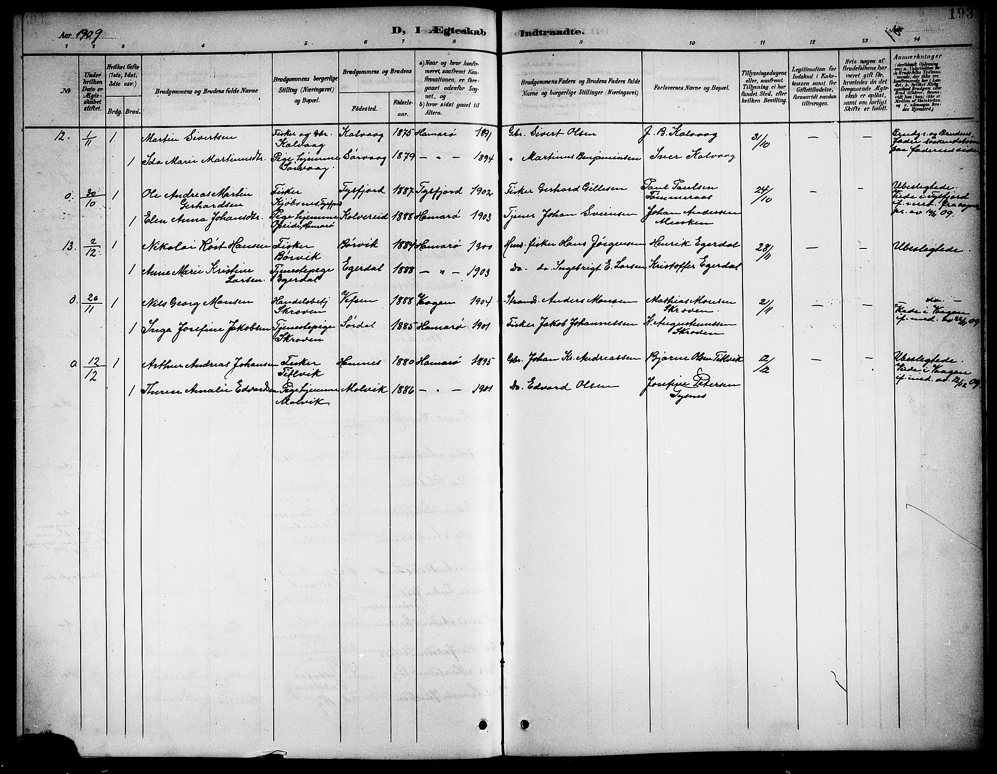 Ministerialprotokoller, klokkerbøker og fødselsregistre - Nordland, AV/SAT-A-1459/859/L0860: Parish register (copy) no. 859C06, 1899-1909, p. 193