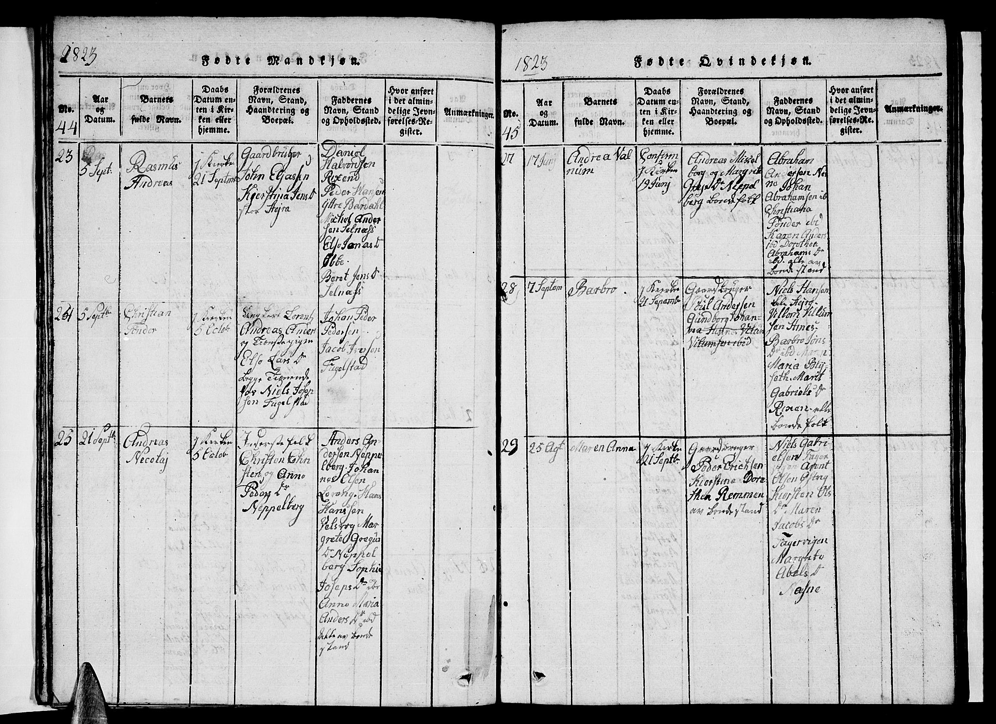 Ministerialprotokoller, klokkerbøker og fødselsregistre - Nordland, AV/SAT-A-1459/838/L0554: Parish register (copy) no. 838C01, 1820-1828, p. 44-45