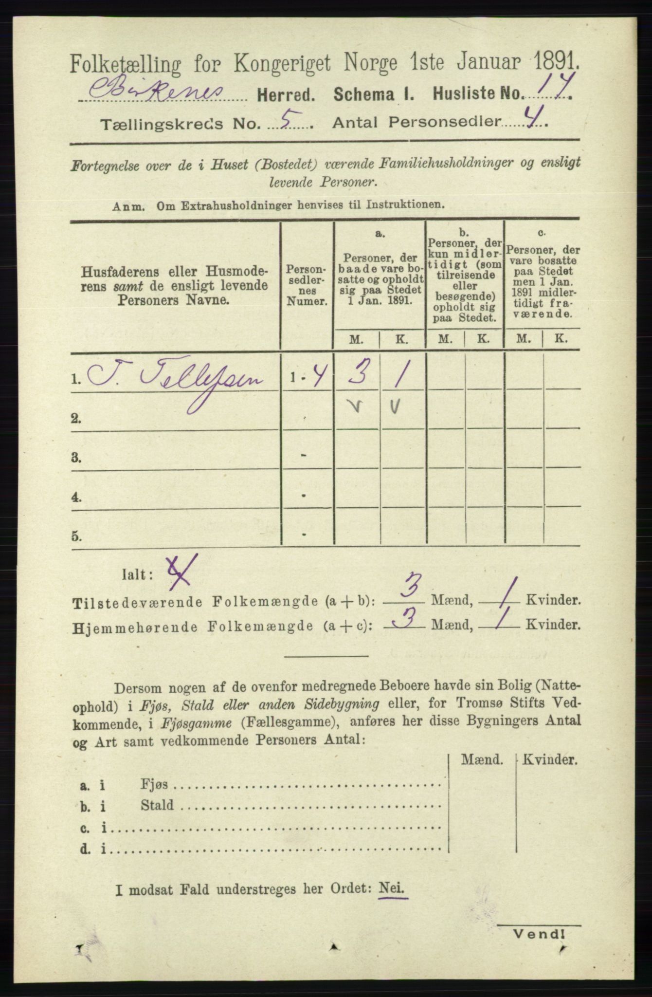 RA, 1891 Census for 0928 Birkenes, 1891, p. 1510