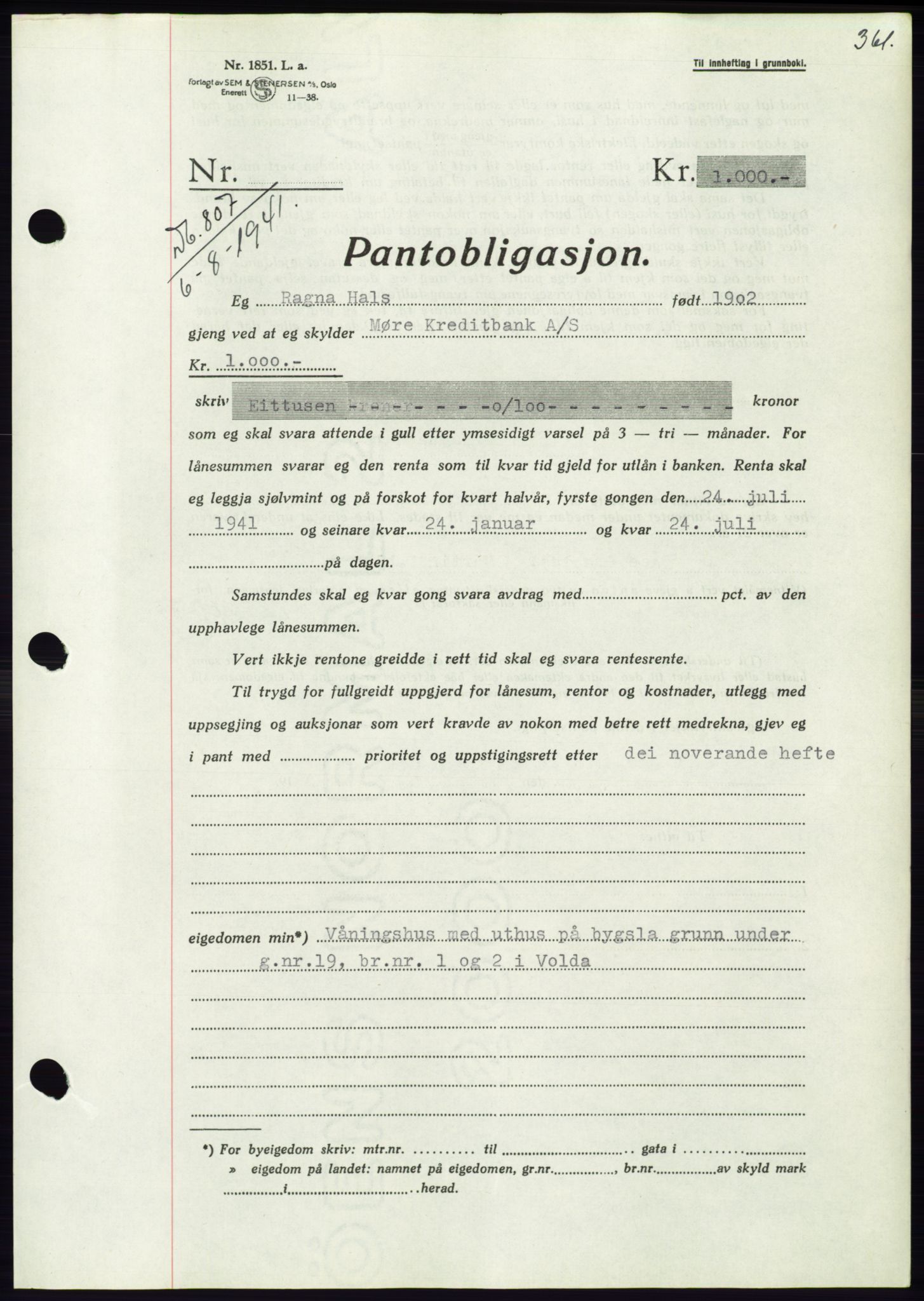 Søre Sunnmøre sorenskriveri, AV/SAT-A-4122/1/2/2C/L0071: Mortgage book no. 65, 1941-1941, Diary no: : 807/1941