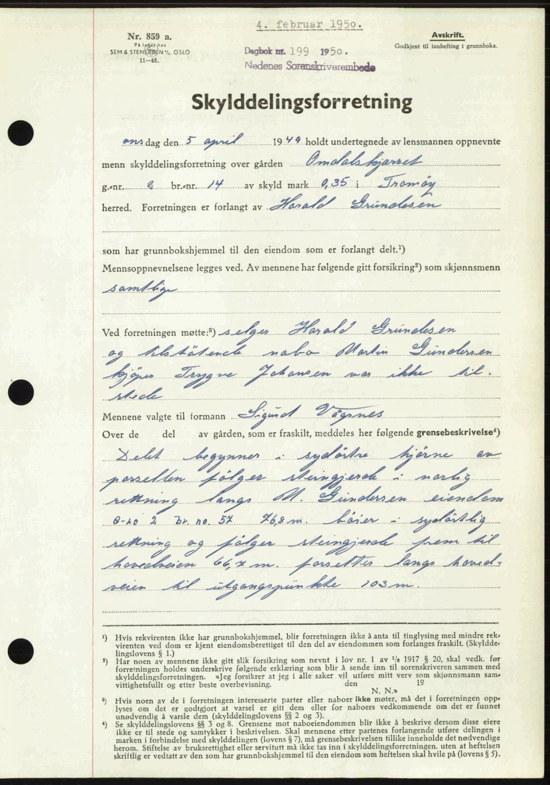 Nedenes sorenskriveri, SAK/1221-0006/G/Gb/Gba/L0062: Mortgage book no. A14, 1949-1950, Diary no: : 199/1950