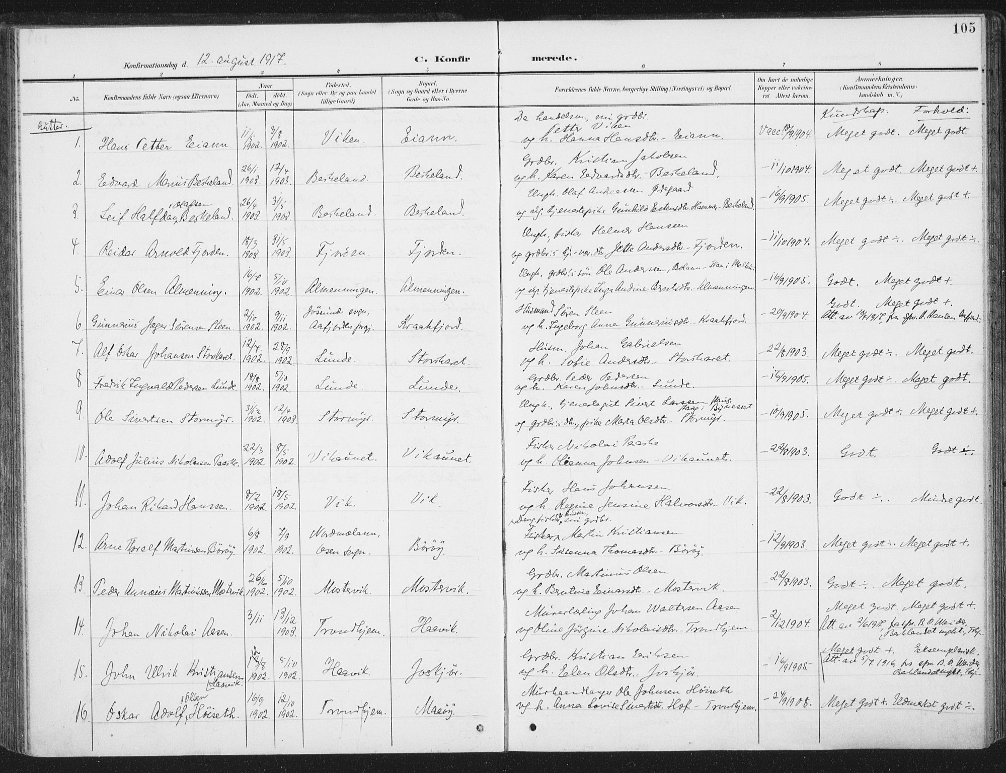 Ministerialprotokoller, klokkerbøker og fødselsregistre - Sør-Trøndelag, SAT/A-1456/657/L0709: Parish register (official) no. 657A10, 1905-1919, p. 105