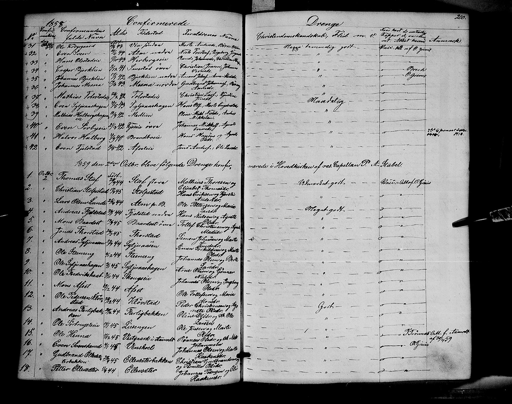 Ringsaker prestekontor, AV/SAH-PREST-014/K/Ka/L0009: Parish register (official) no. 9, 1850-1860, p. 200