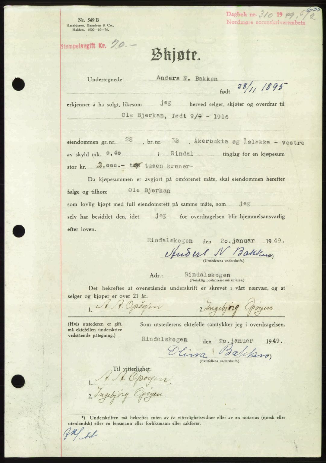 Nordmøre sorenskriveri, AV/SAT-A-4132/1/2/2Ca: Mortgage book no. A110, 1948-1949, Diary no: : 310/1949