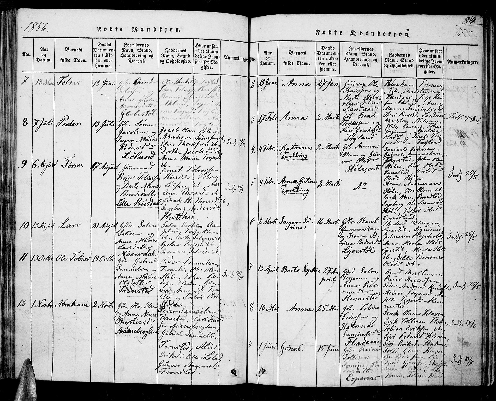 Nord-Audnedal sokneprestkontor, AV/SAK-1111-0032/F/Fa/Fab/L0001: Parish register (official) no. A 1, 1816-1858, p. 84