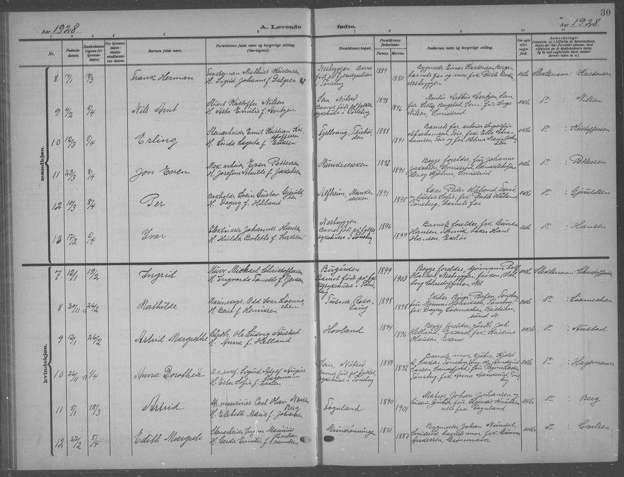 Nøtterøy kirkebøker, AV/SAKO-A-354/G/Ga/L0006: Parish register (copy) no. I 6, 1925-1939, p. 30
