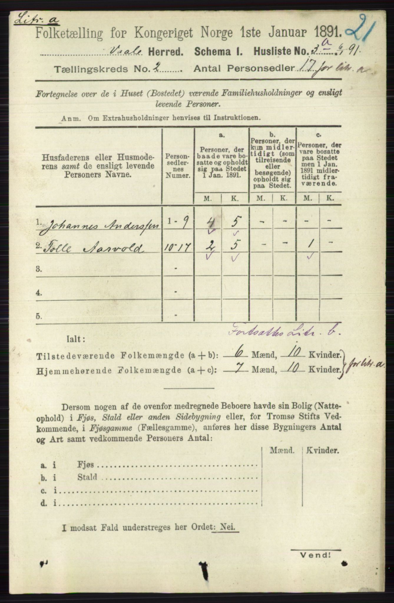 RA, 1891 census for 0716 Våle, 1891, p. 426