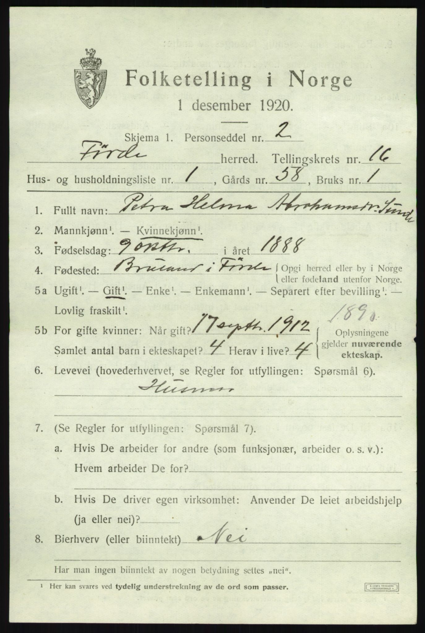 SAB, 1920 census for Førde, 1920, p. 5352